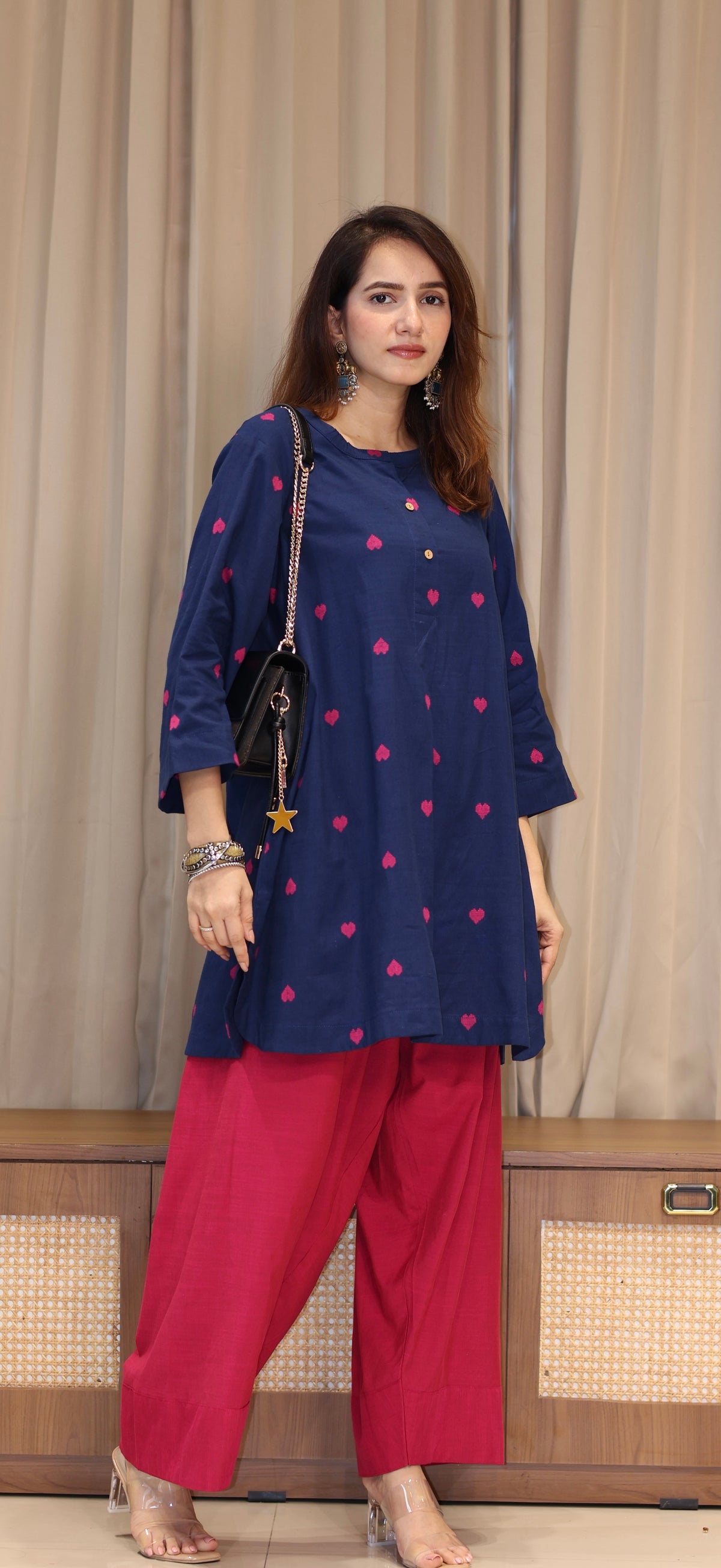 Rutvi Mercerised Cotton Handwoven Kurta Set - Blue Hearts