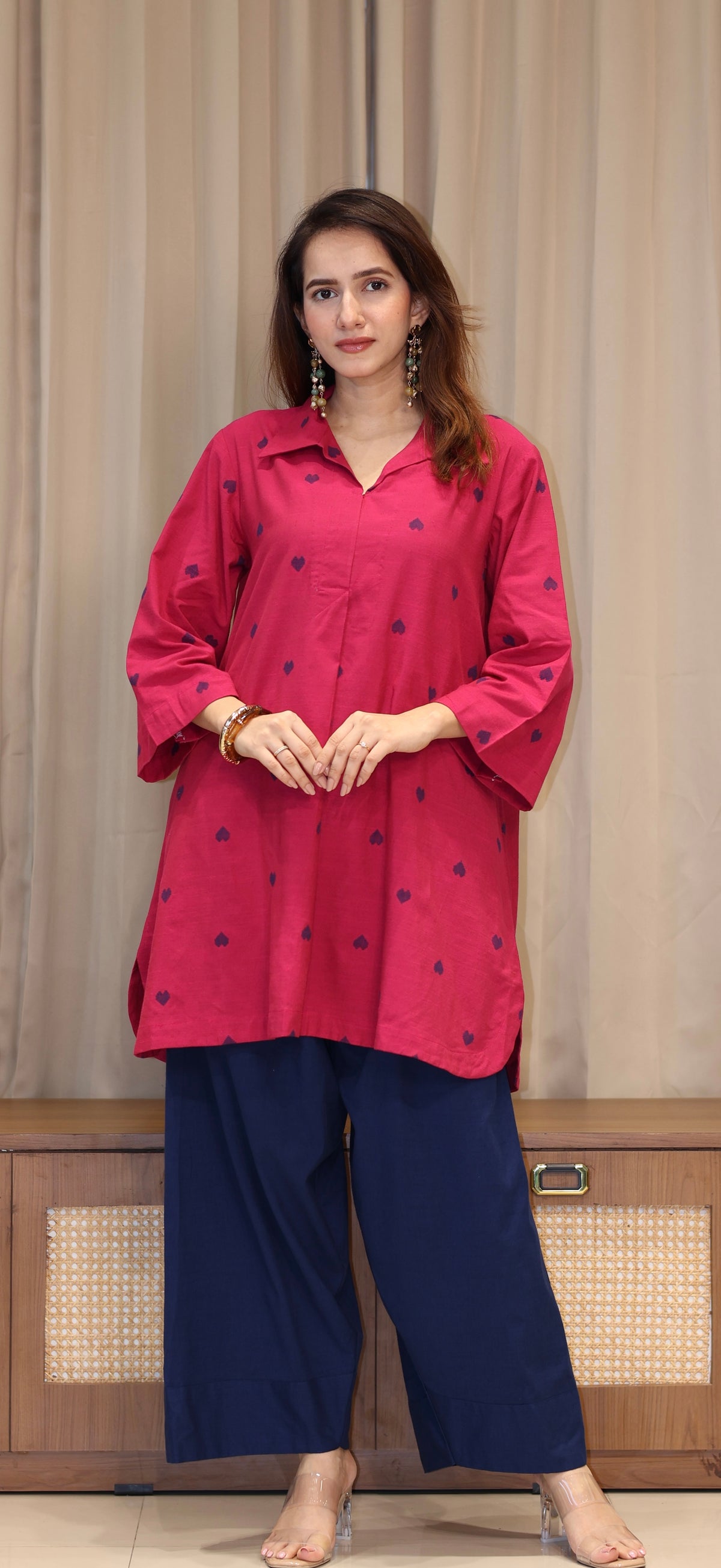 Divisha Mercerised Cotton Handwoven Kurta Set - Pink Hearts