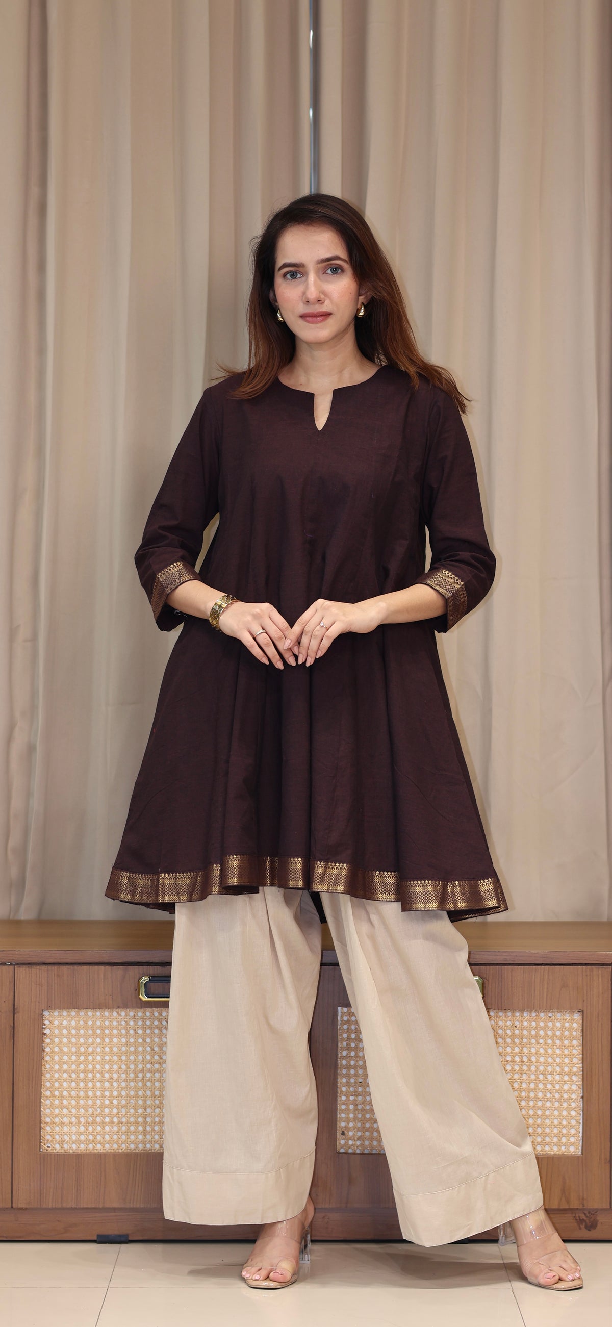 Karishma Mangalgiri Cotton Kali Kurta Set With Nizam Border - Brown