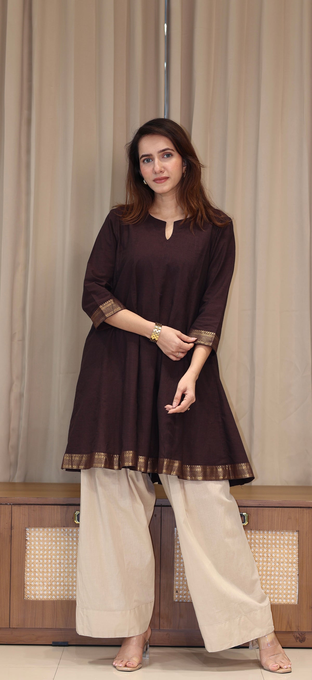 Karishma Mangalgiri Cotton Kali Kurta Set With Nizam Border - Brown