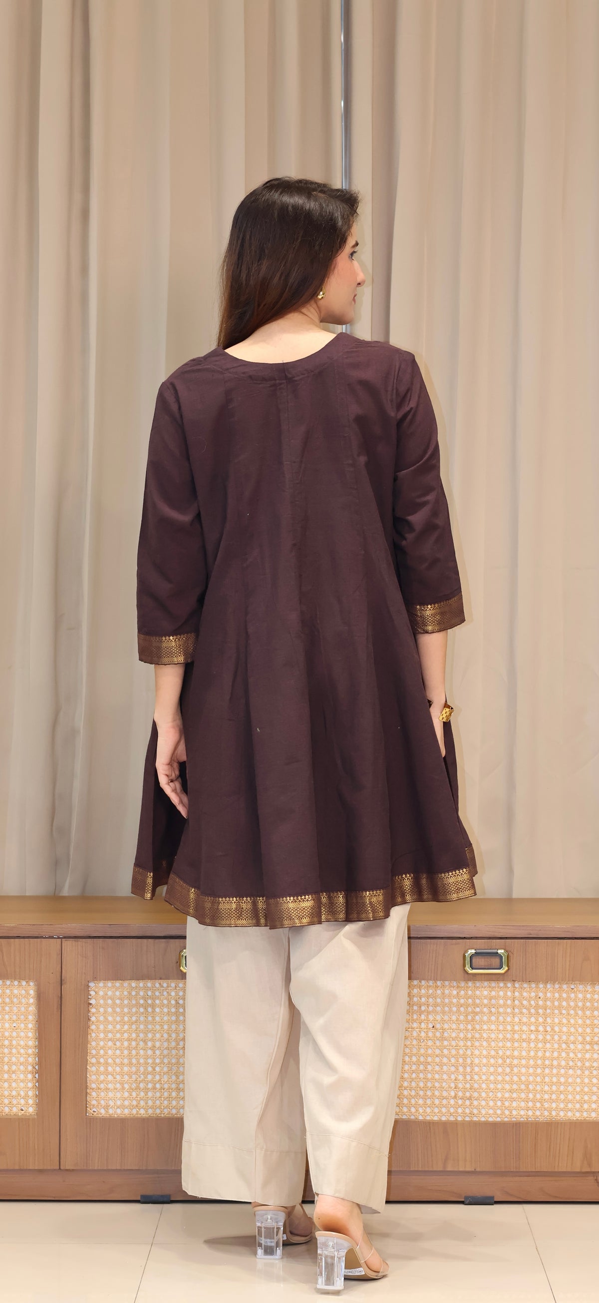 Karishma Mangalgiri Cotton Kali Kurta Set With Nizam Border - Brown