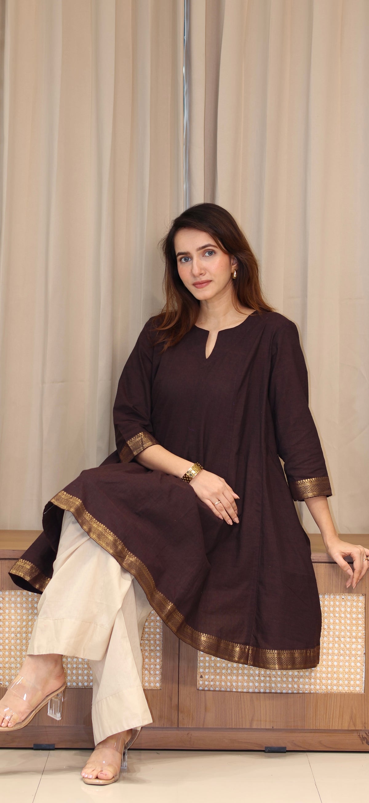 Karishma Mangalgiri Cotton Kali Kurta Set With Nizam Border - Brown