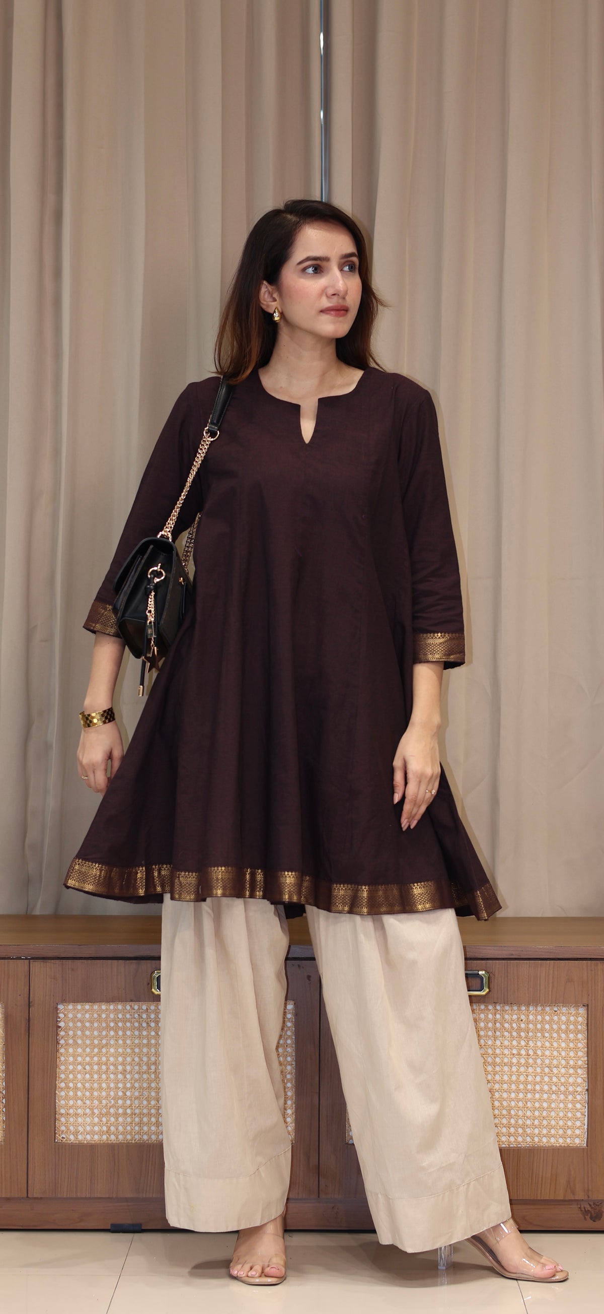 Karishma Mangalgiri Cotton Kali Kurta Set With Nizam Border - Brown