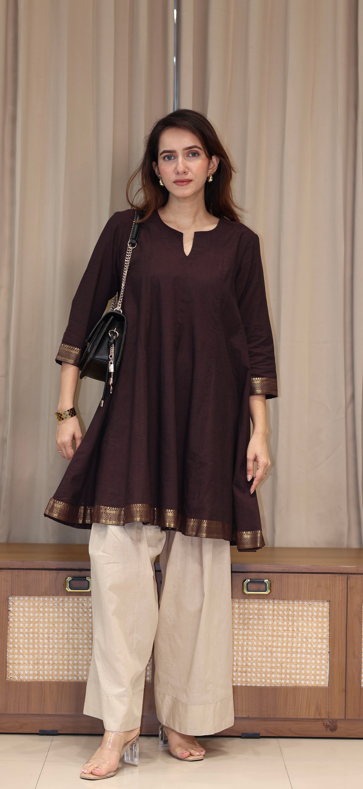 Karishma Mangalgiri Cotton Kali Kurta Set With Nizam Border - Brown