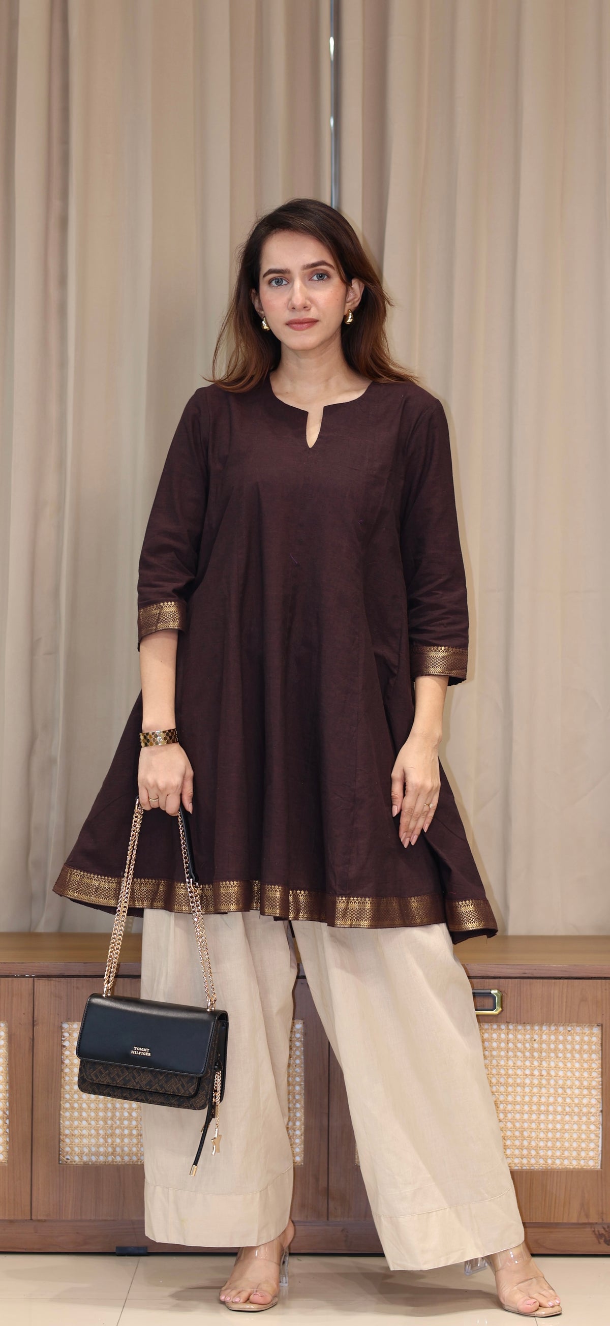 Karishma Mangalgiri Cotton Kali Kurta Set With Nizam Border - Brown