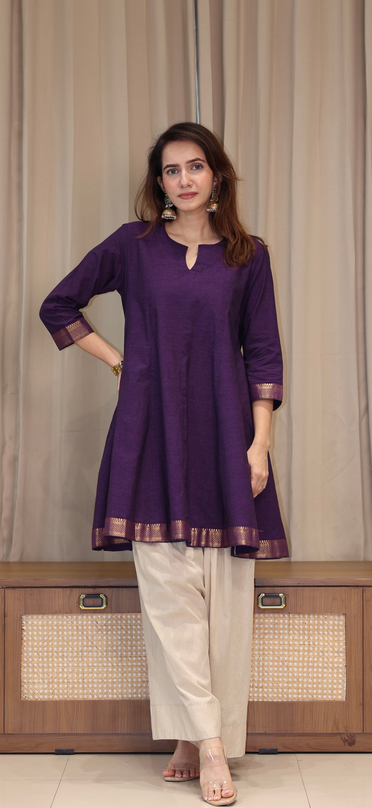 Kareena Mangalgiri Cotton Kali Kurta Set With Nizam Border - Purple