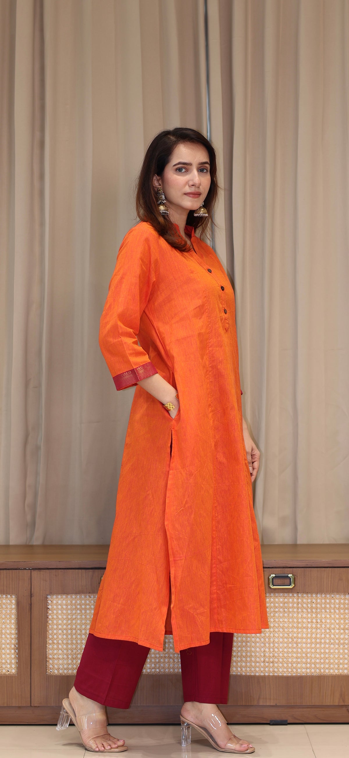 Vanessa Mangalgiri Cotton Kali Kurta With Nizam Border - Orange