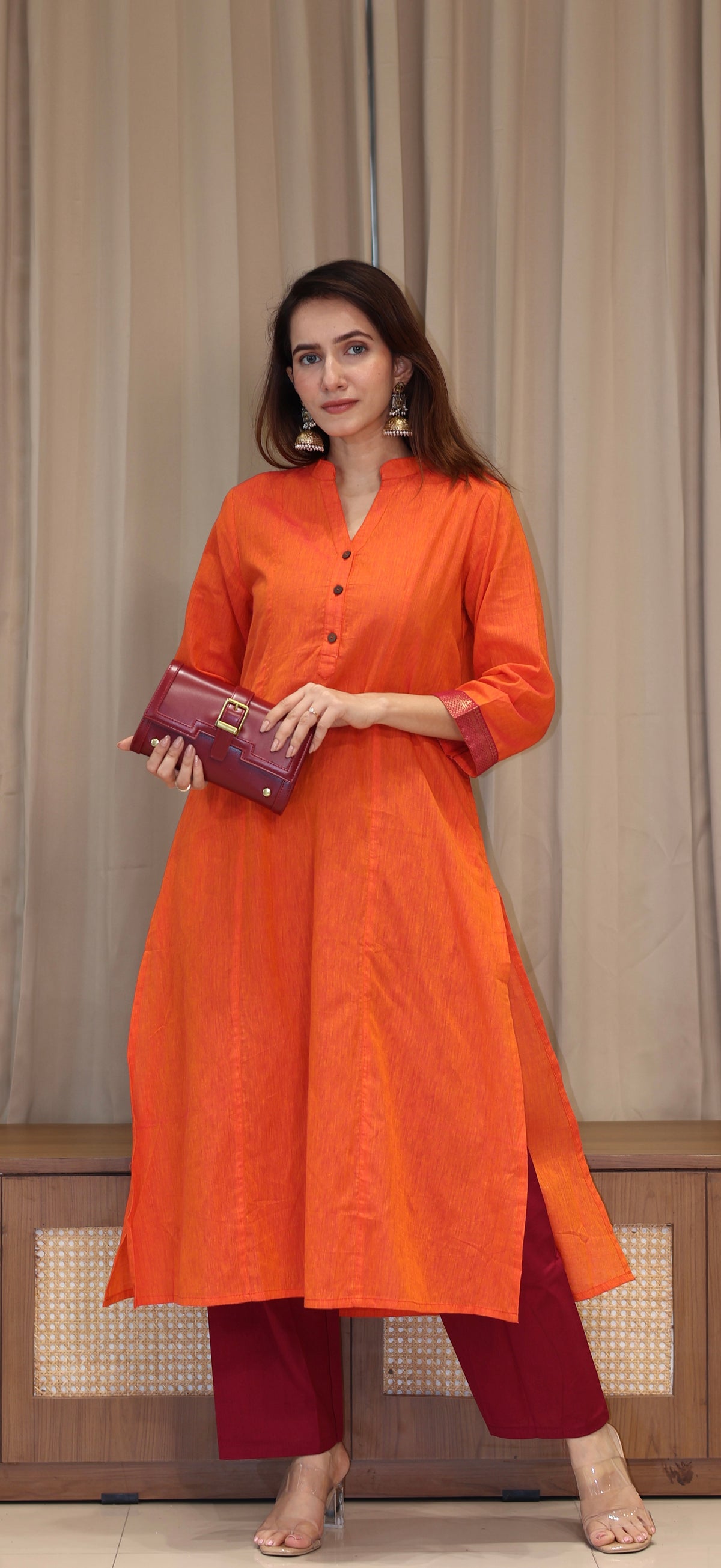 Vanessa Mangalgiri Cotton Kali Kurta With Nizam Border - Orange