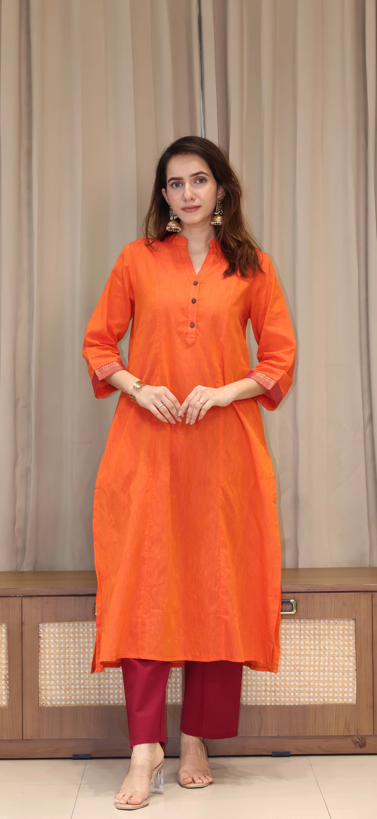 Vanessa Mangalgiri Cotton Kali Kurta With Nizam Border - Orange