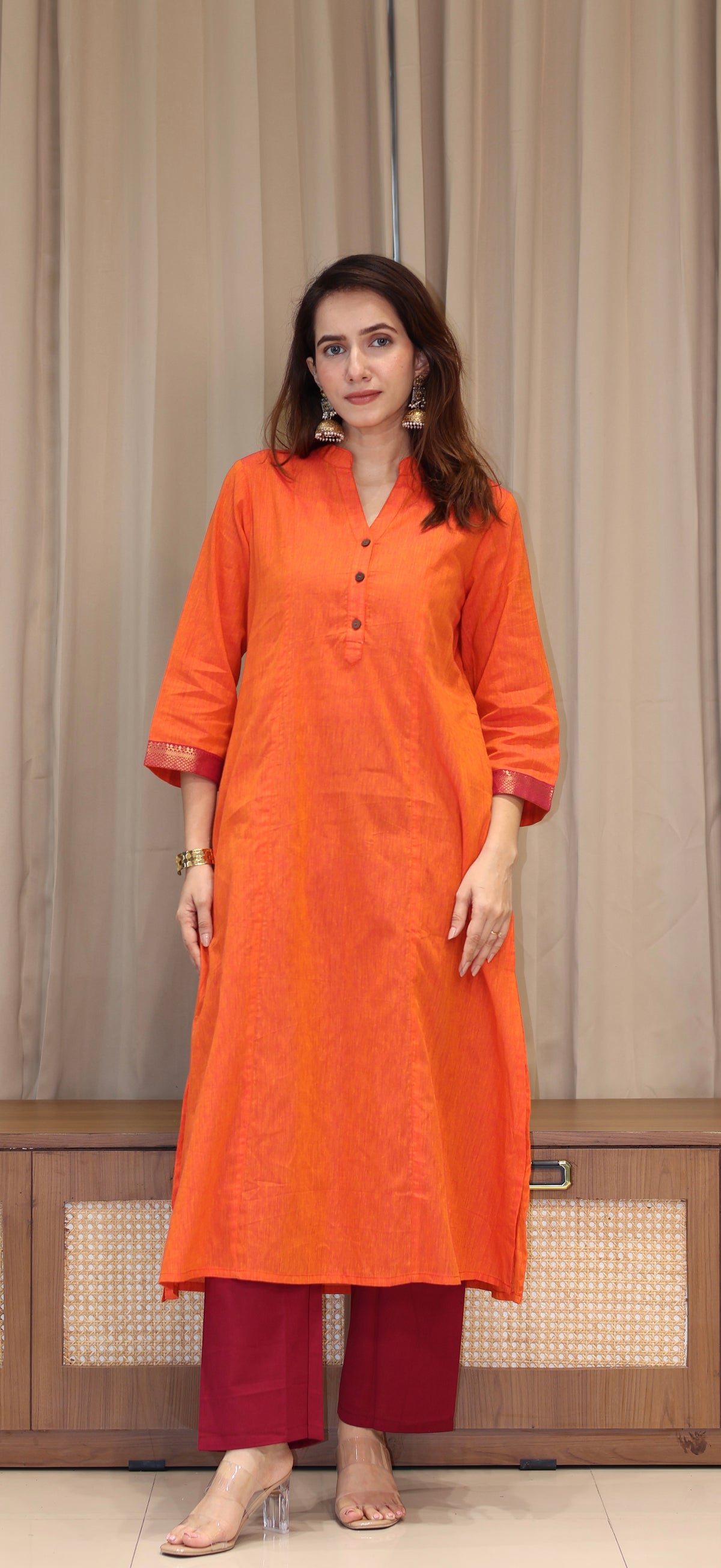 Vanessa Mangalgiri Cotton Kali Kurta With Nizam Border - Orange