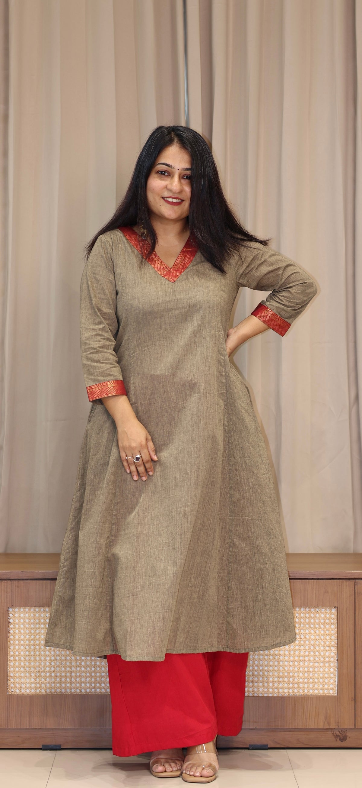 Yaashi Mangalgiri Cotton Kali Kurta With Nizam Border - Camel