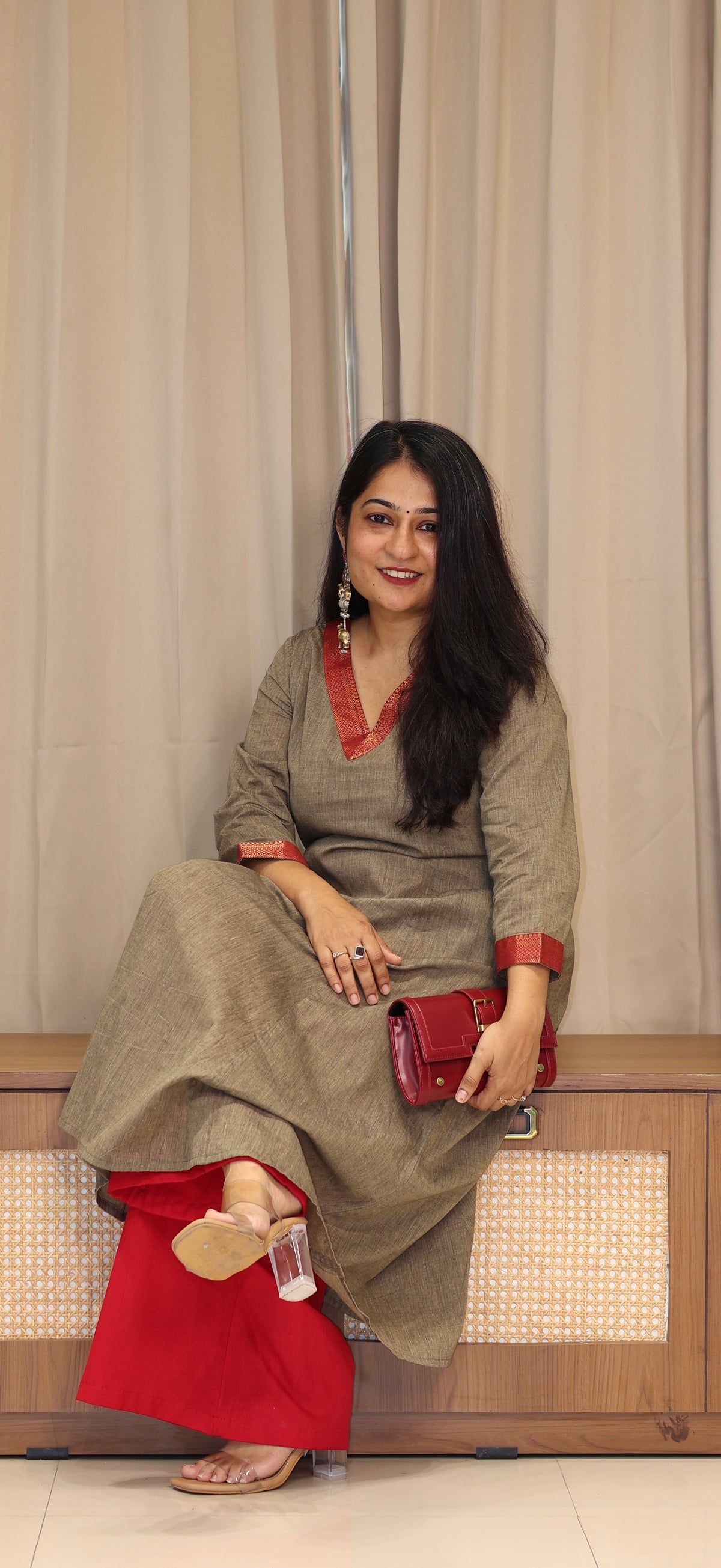 Yaashi Mangalgiri Cotton Kali Kurta With Nizam Border - Camel