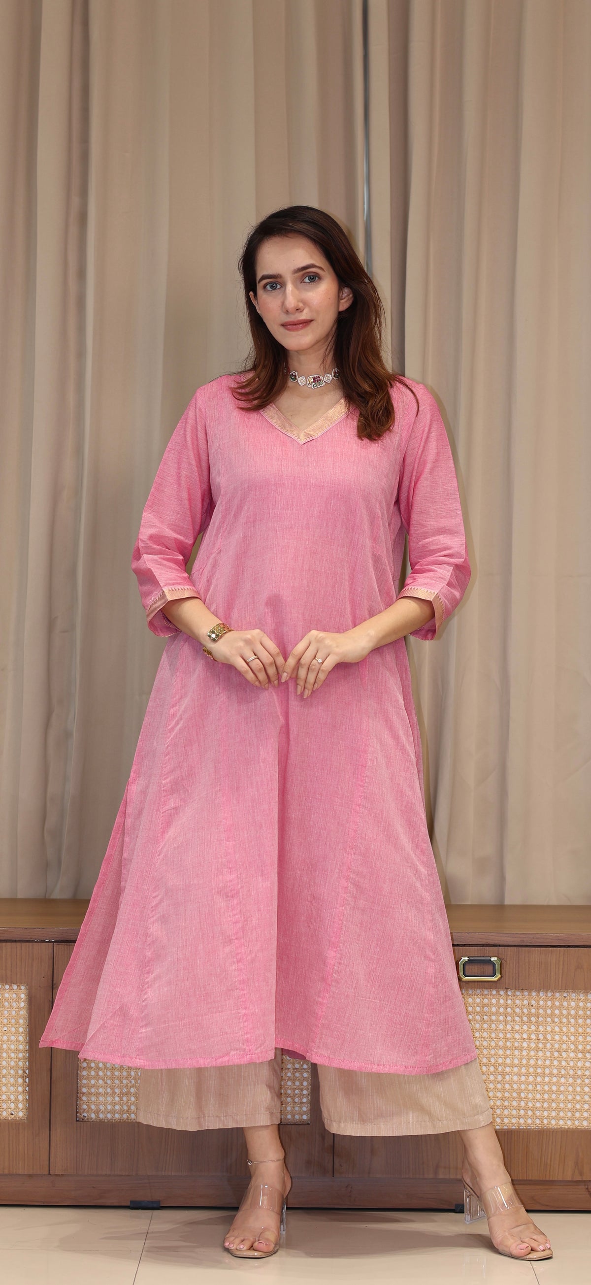 Tithya Mangalgiri Cotton Kali Kurta With Nizam Border - Baby Pink