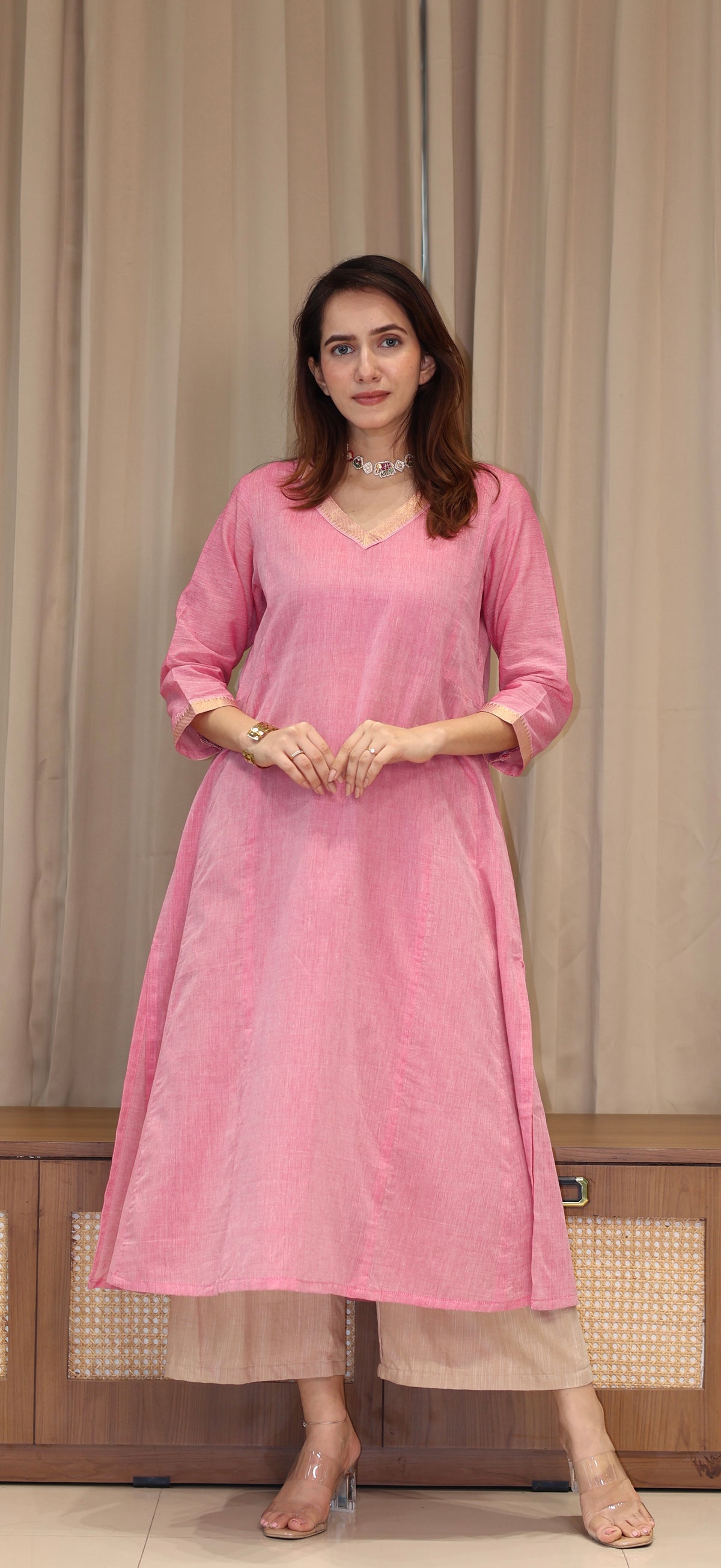Tithya Mangalgiri Cotton Kali Kurta With Nizam Border - Baby Pink
