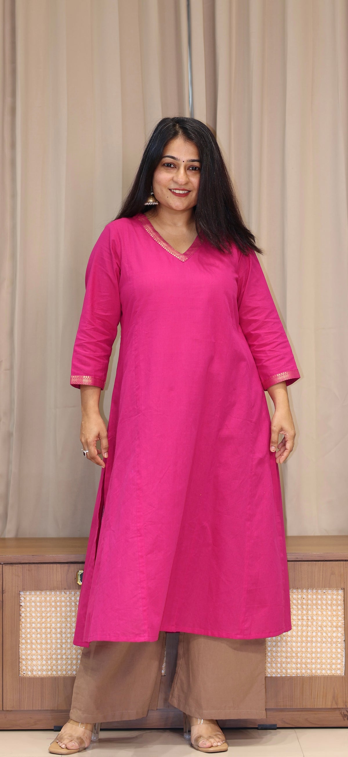 Aarisha Mangalgiri Cotton Kali Kurta With Nizam Border - Rani Pink