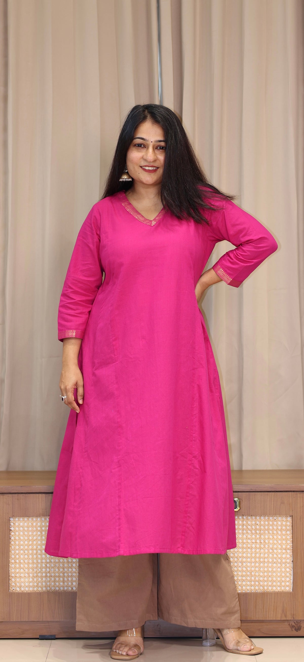 Aarisha Mangalgiri Cotton Kali Kurta With Nizam Border - Rani Pink