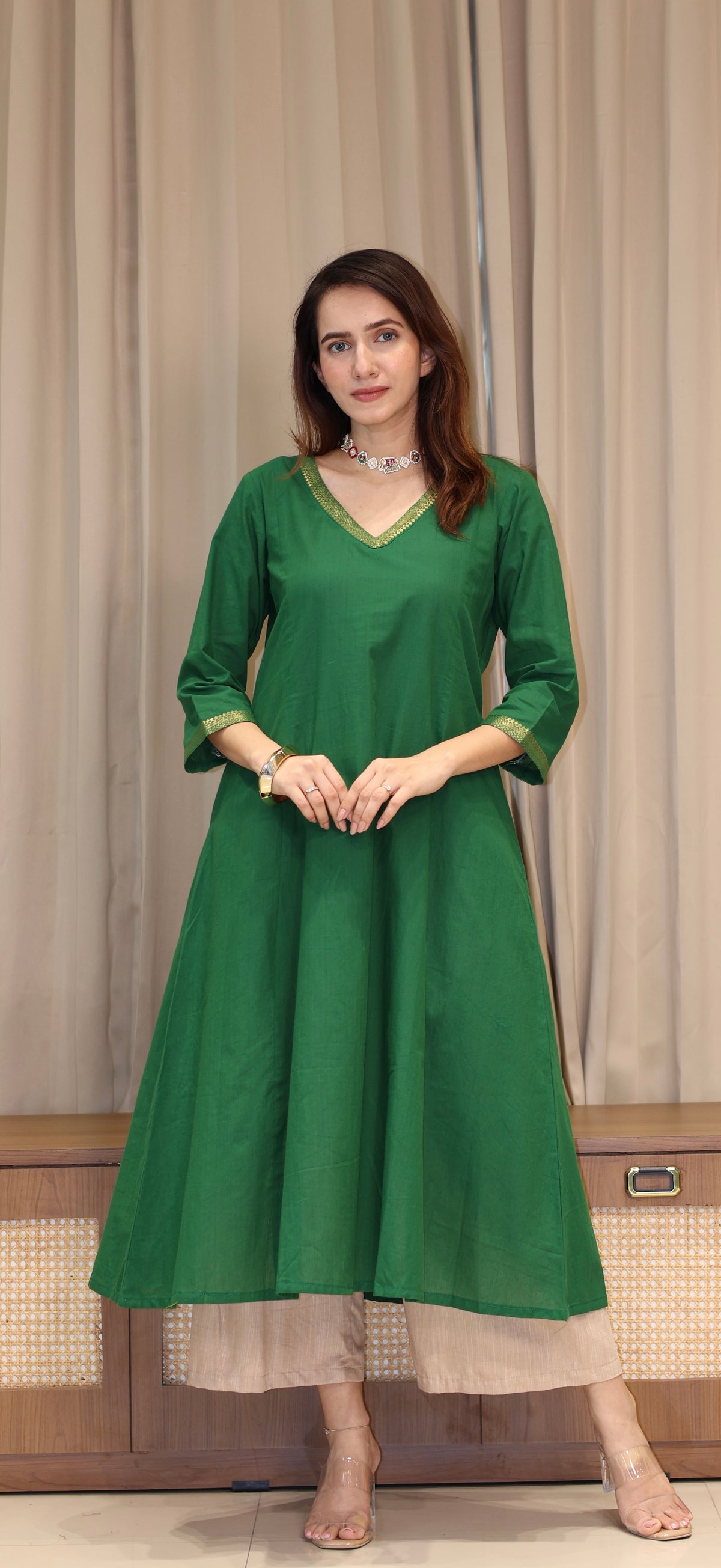 Paayal Mangalgiri Cotton Kali Kurta With Nizam Border - Dark Green
