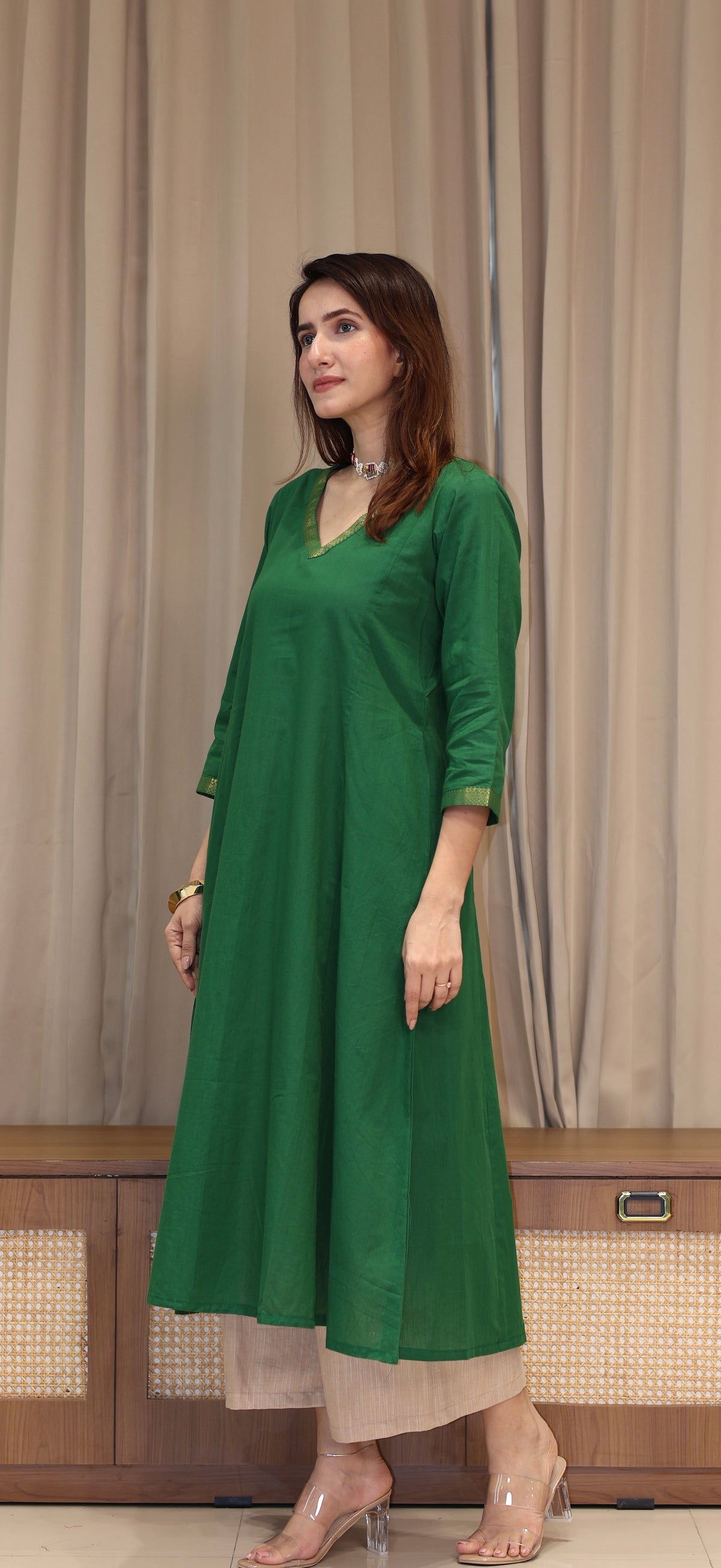 Paayal Mangalgiri Cotton Kali Kurta With Nizam Border - Dark Green