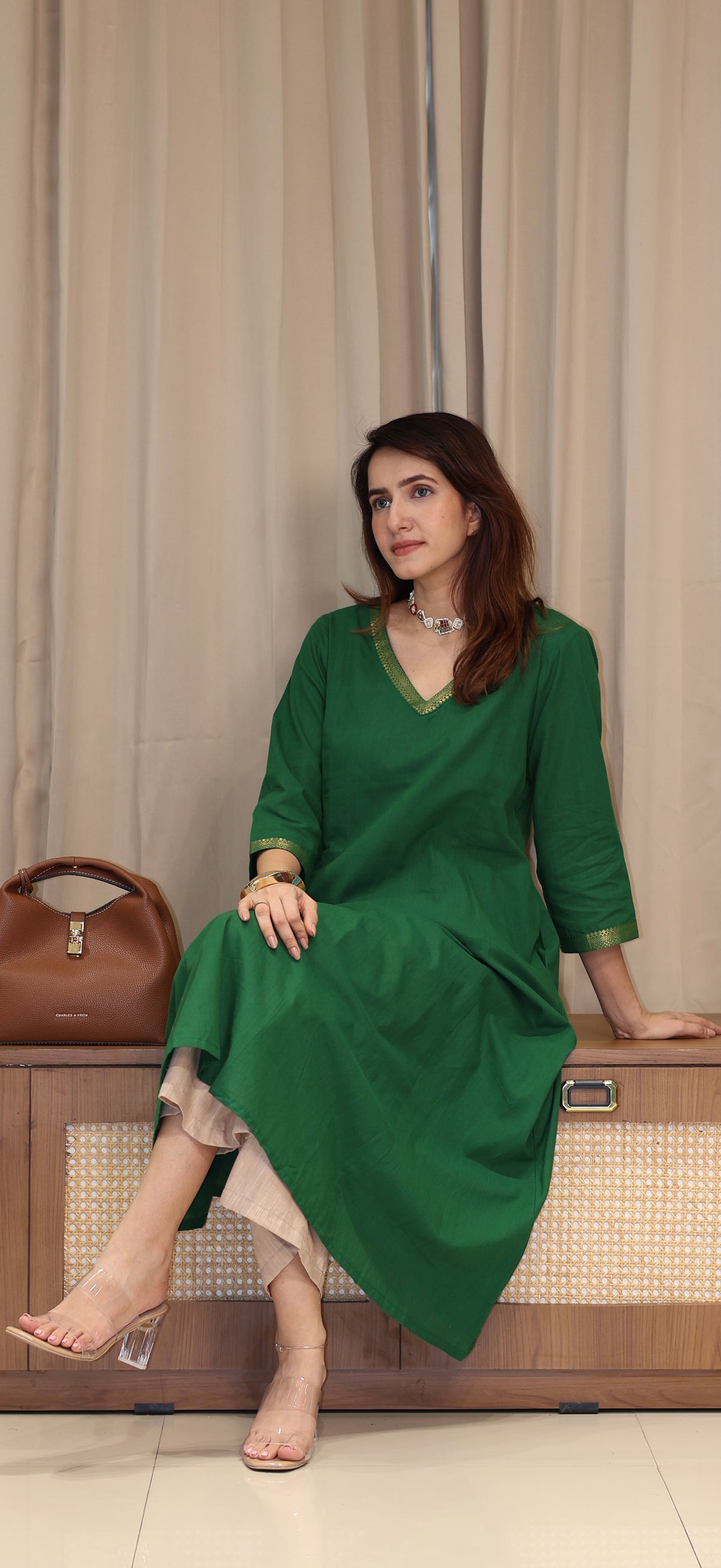 Paayal Mangalgiri Cotton Kali Kurta With Nizam Border - Dark Green