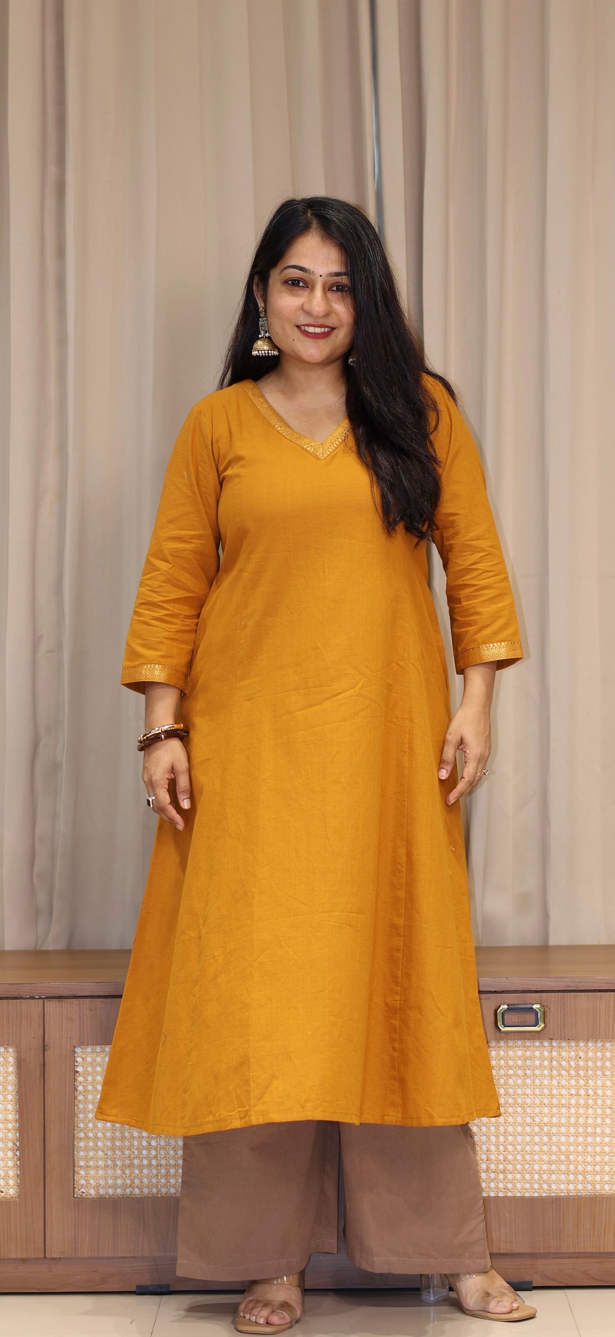 Vrusha Mangalgiri Cotton Kali Kurta With Nizam Border - Mustard