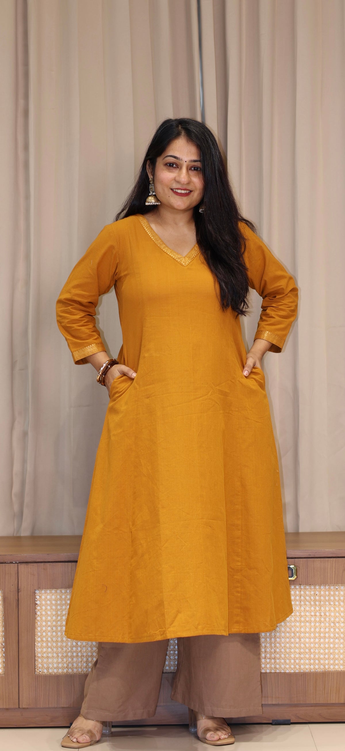 Vrusha Mangalgiri Cotton Kali Kurta With Nizam Border - Mustard