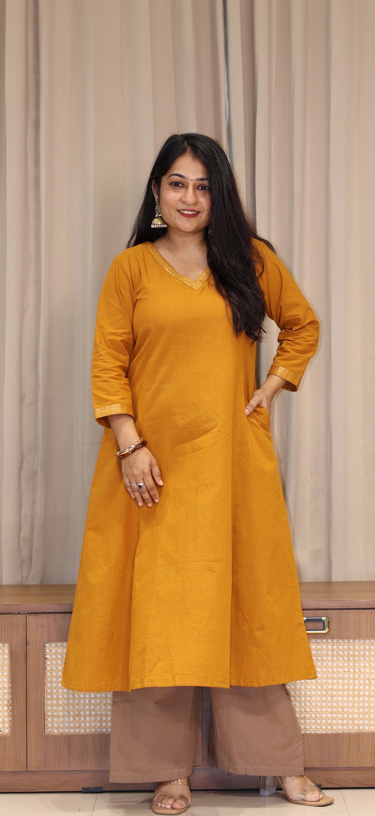 Vrusha Mangalgiri Cotton Kali Kurta With Nizam Border - Mustard