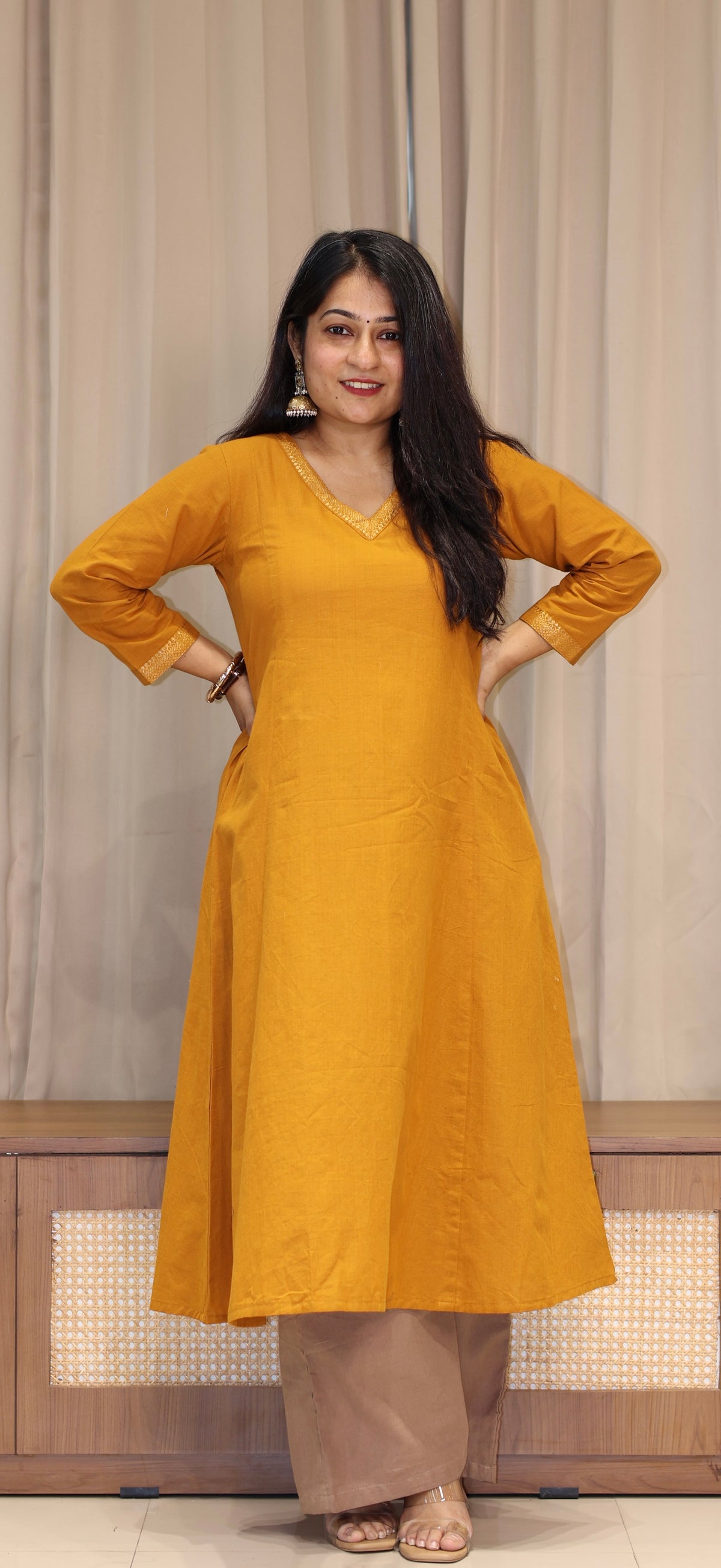 Vrusha Mangalgiri Cotton Kali Kurta With Nizam Border - Mustard