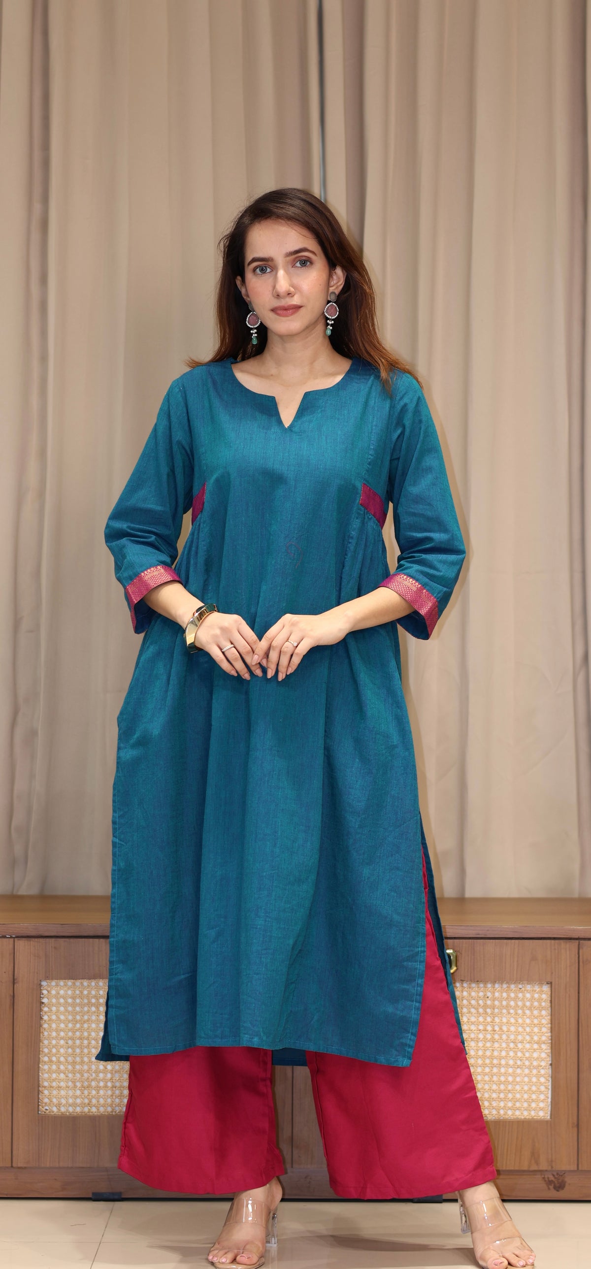 Sargun Mangalgiri Cotton Kali Kurta With Nizam Border - Blue