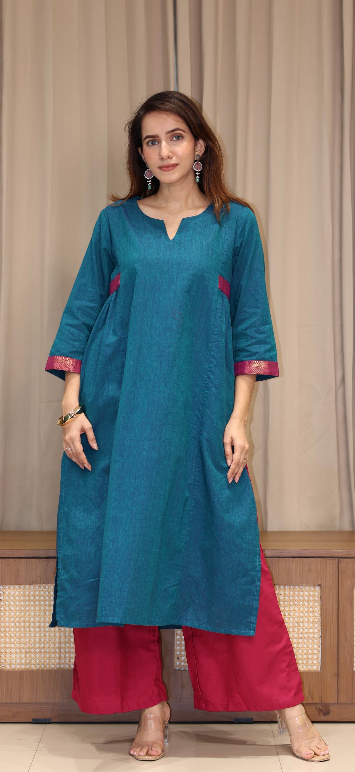 Sargun Mangalgiri Cotton Kali Kurta With Nizam Border - Blue