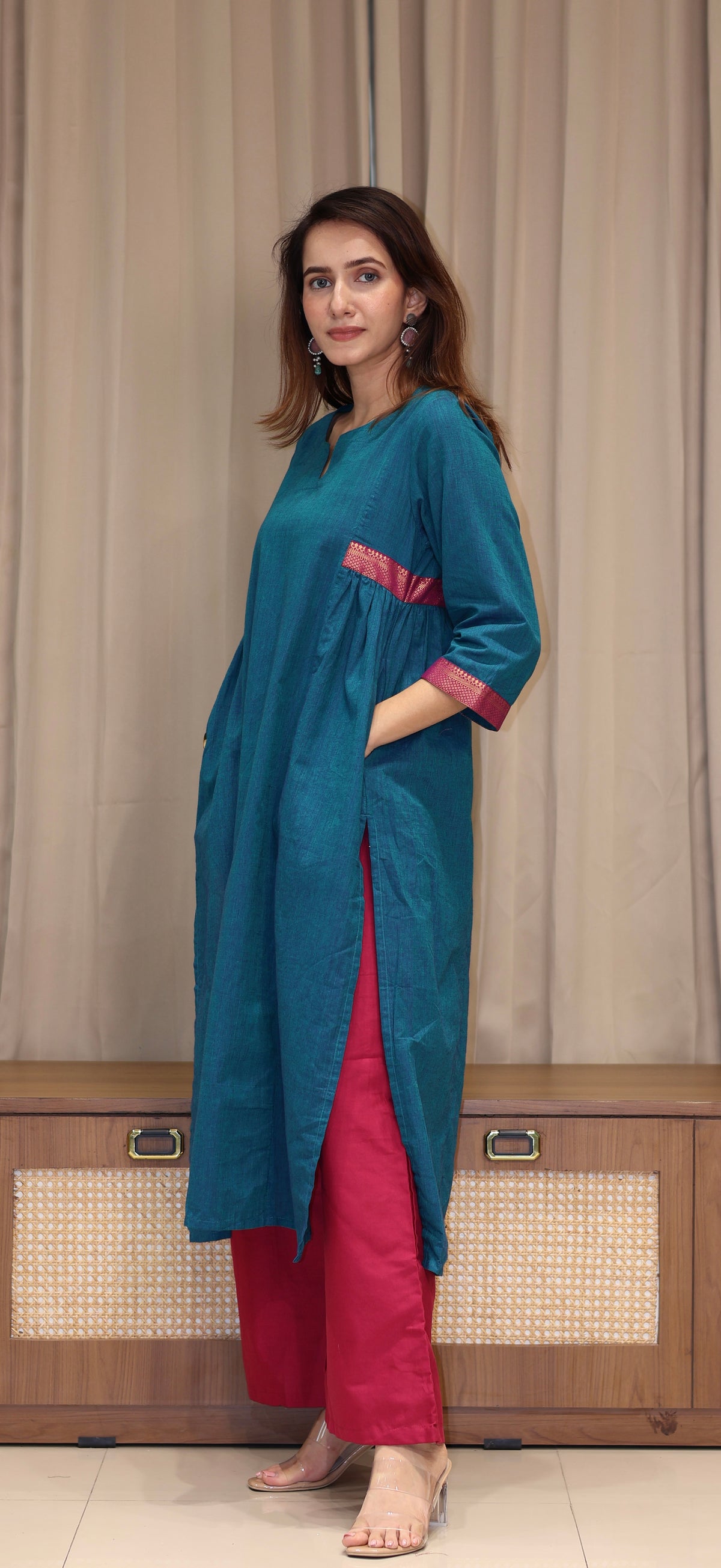 Sargun Mangalgiri Cotton Kali Kurta With Nizam Border - Blue