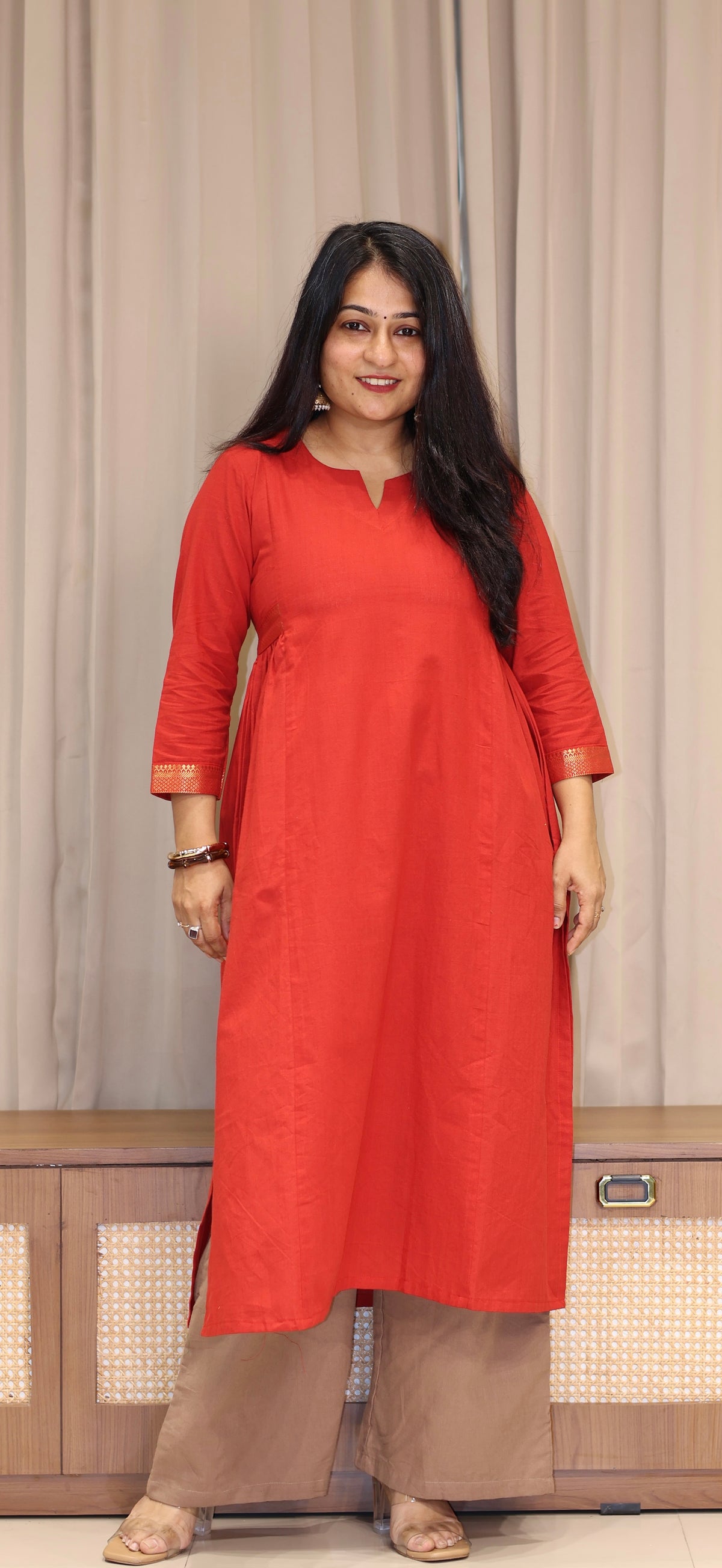 Nishita Mangalgiri Cotton Kali Kurta With Nizam Border - Vermillion Red