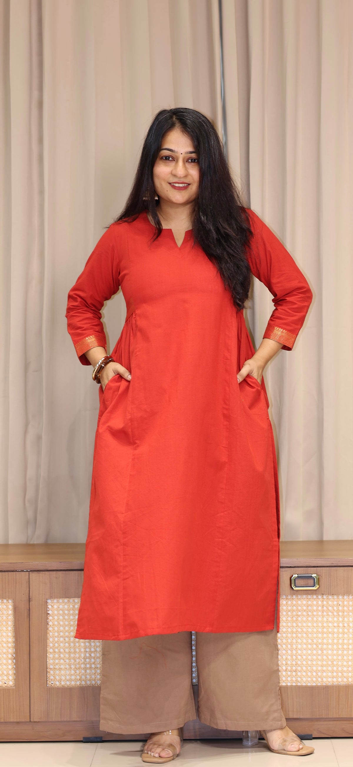 Nishita Mangalgiri Cotton Kali Kurta With Nizam Border - Vermillion Red