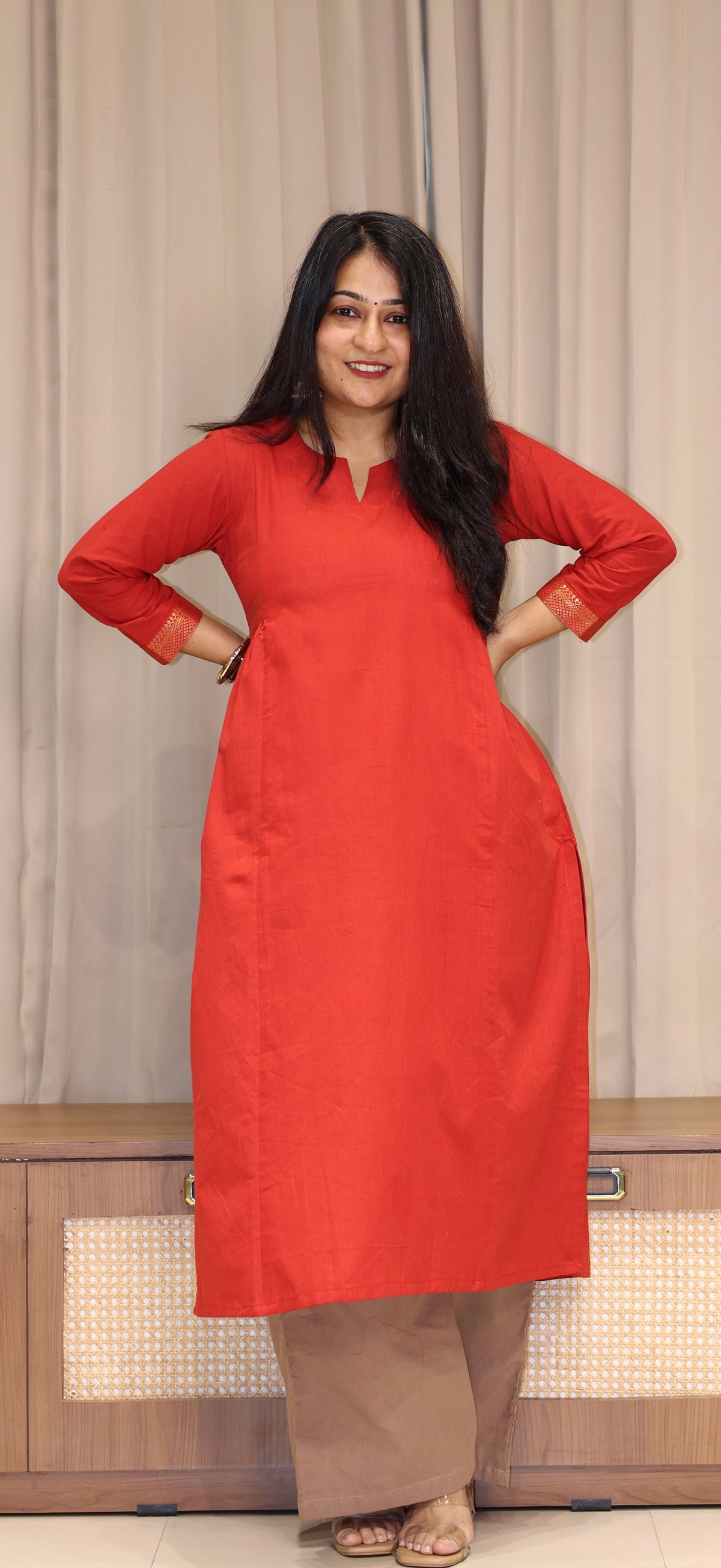 Nishita Mangalgiri Cotton Kali Kurta With Nizam Border - Vermillion Red