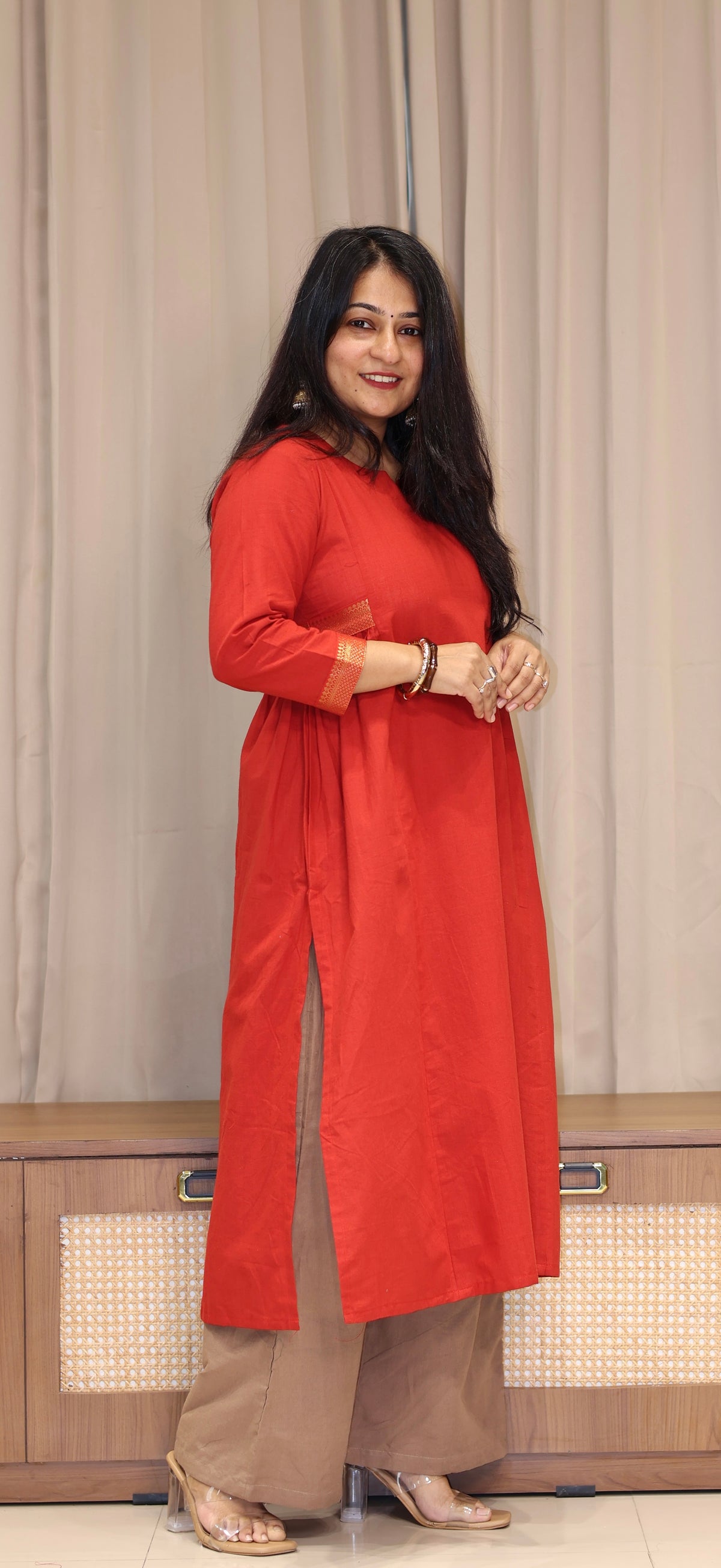 Nishita Mangalgiri Cotton Kali Kurta With Nizam Border - Vermillion Red