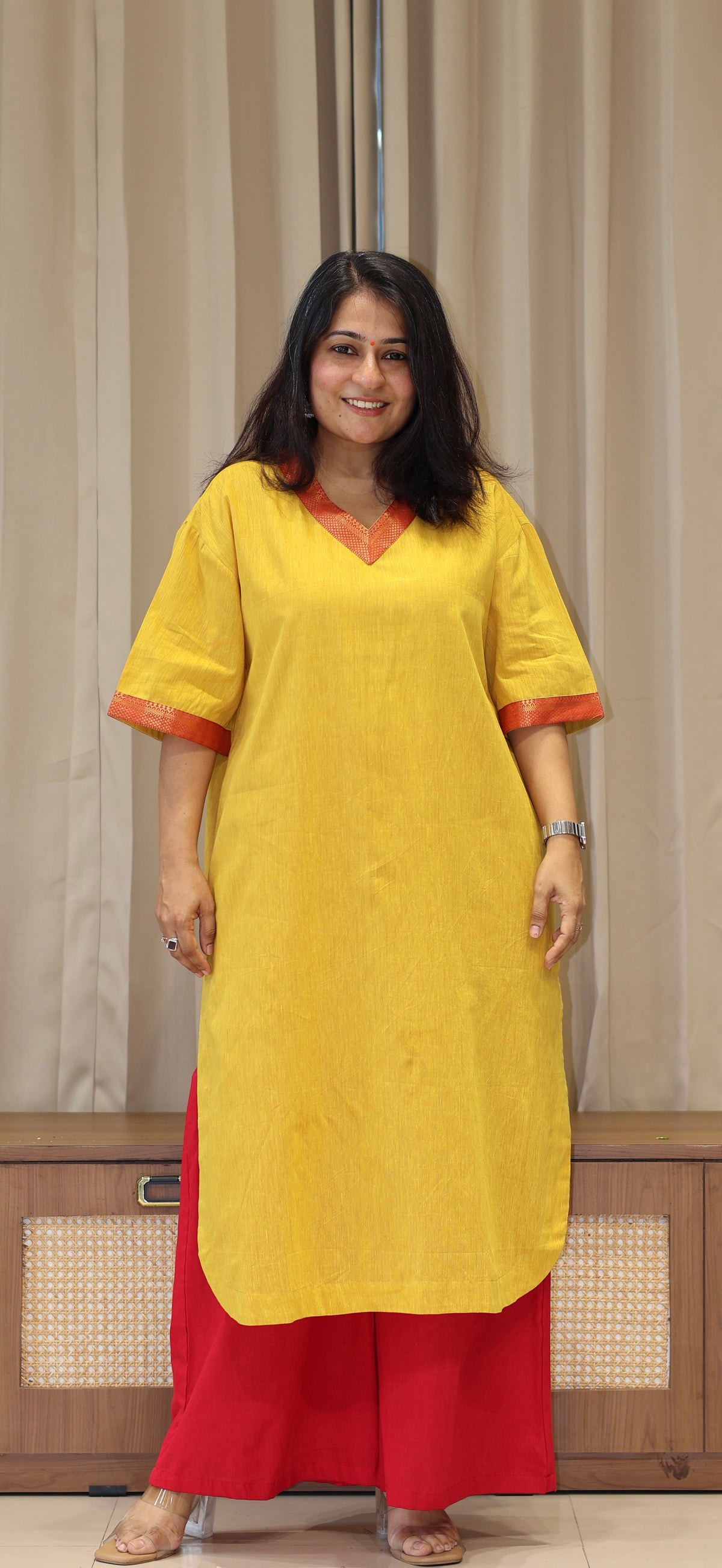 Manvi Mangalgiri Cotton Kali Kurta With Nizam Border - Yellow