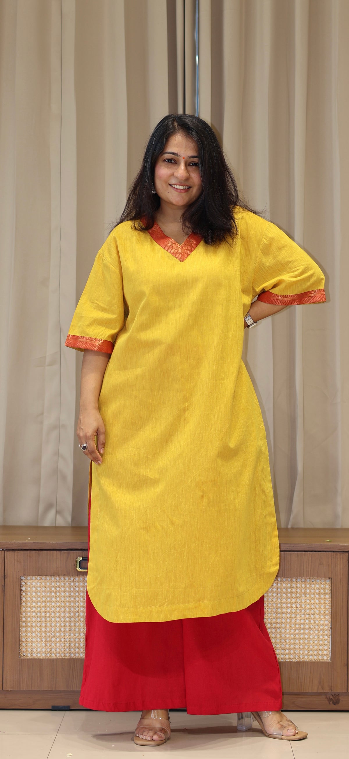Manvi Mangalgiri Cotton Kali Kurta With Nizam Border - Yellow
