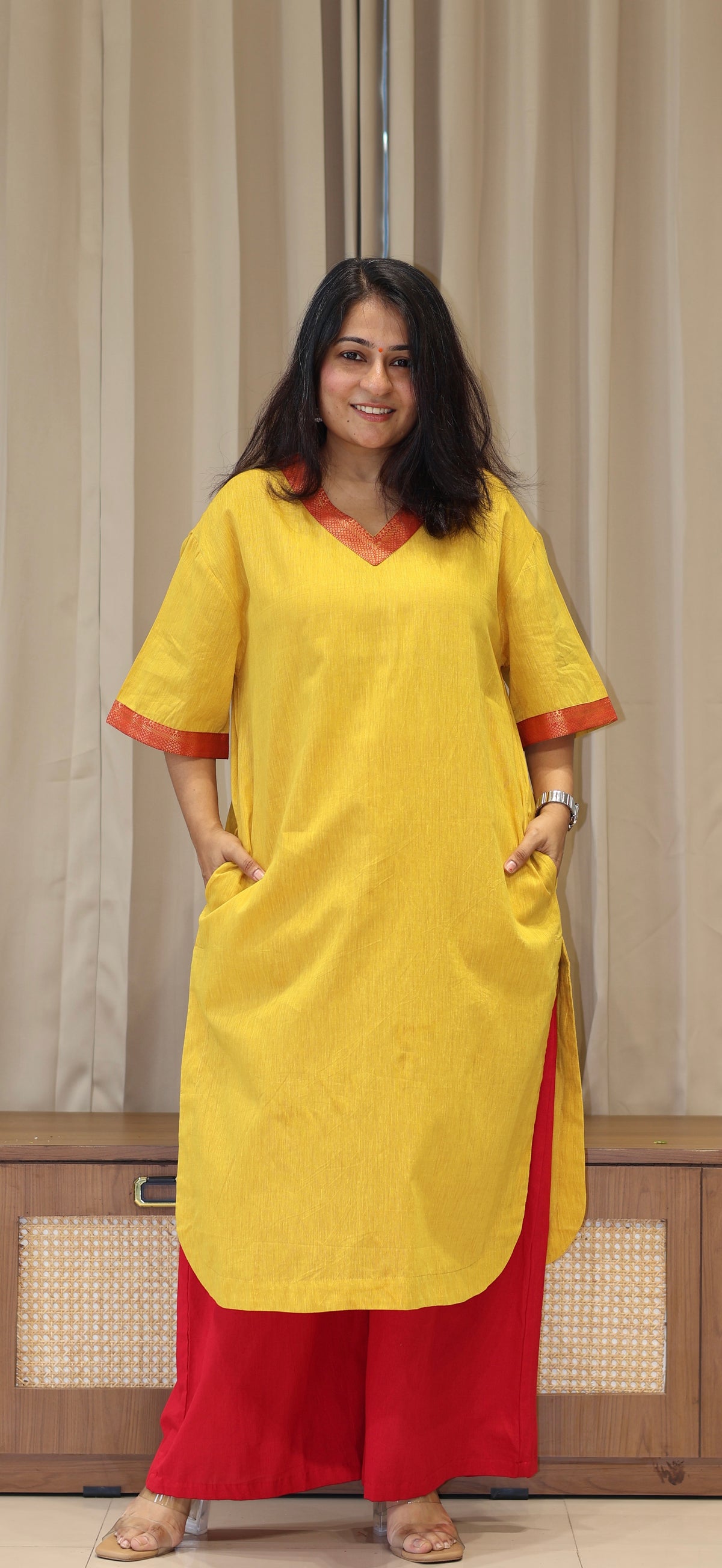 Manvi Mangalgiri Cotton Kali Kurta With Nizam Border - Yellow