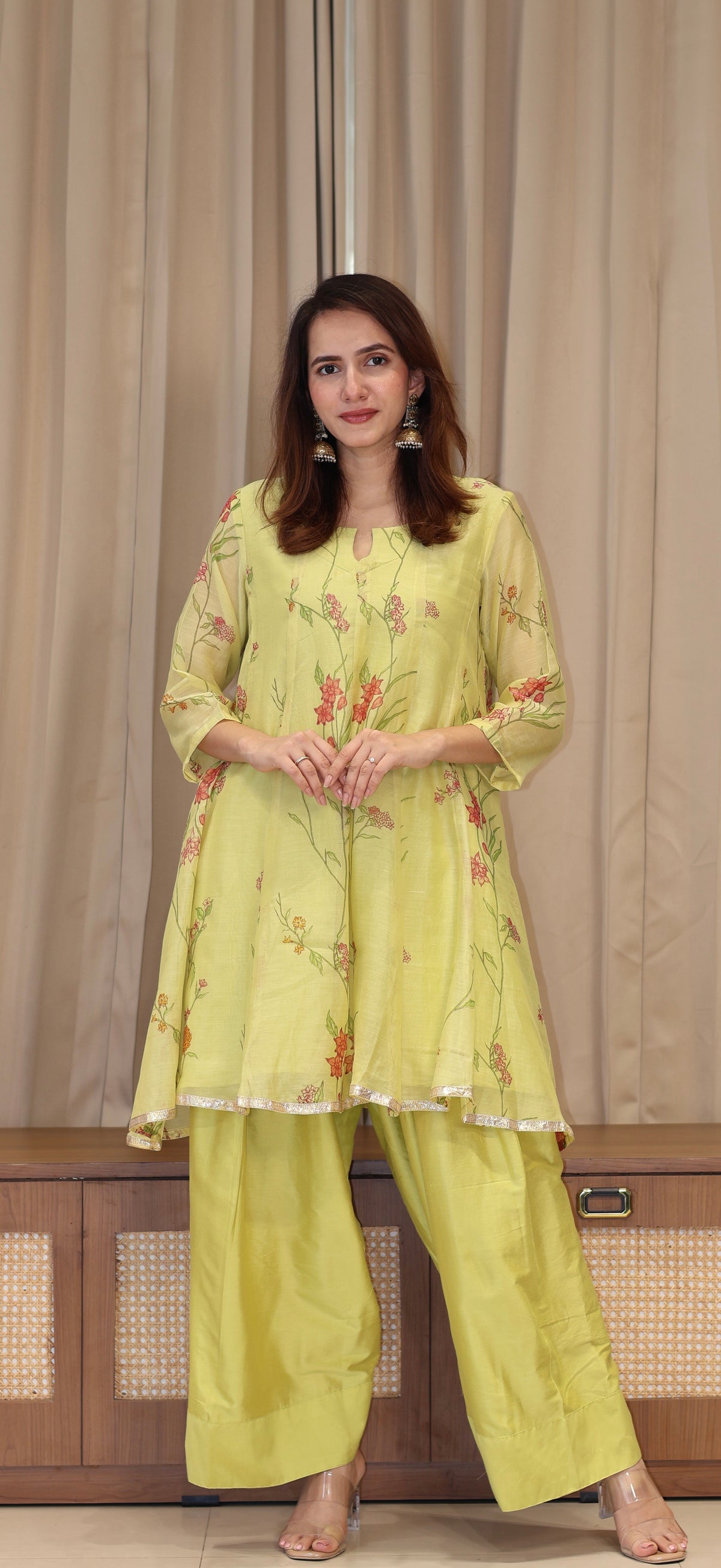 Amvi Mul Chanderi Kurta Set - Green Floral