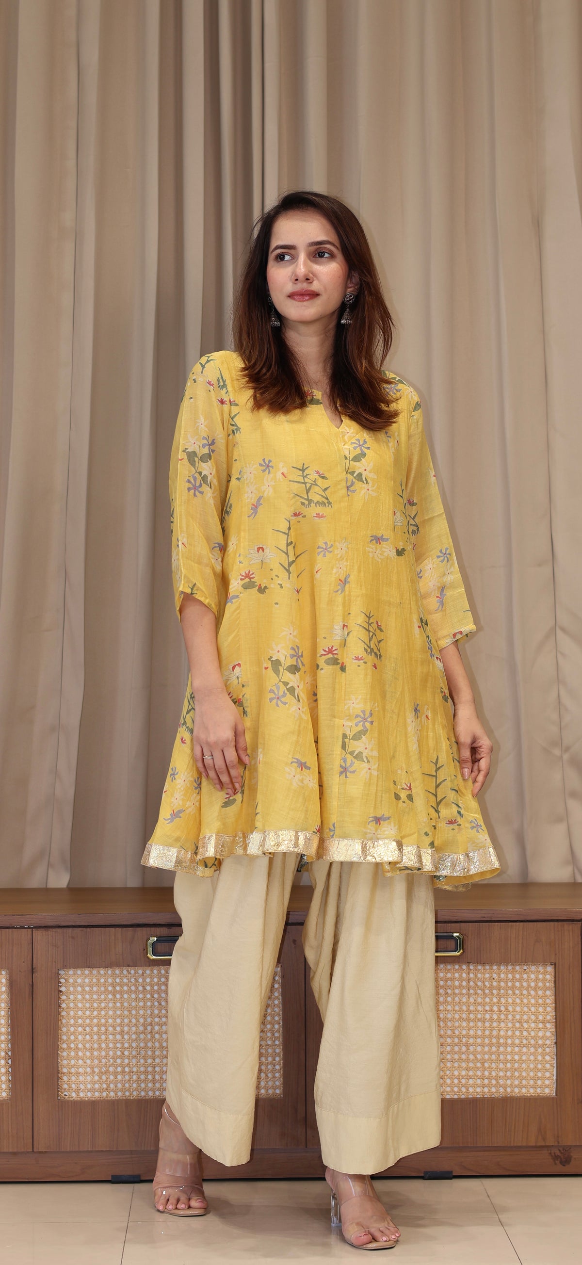 Myra Mul Chanderi Kurta Set - Yellow Floral
