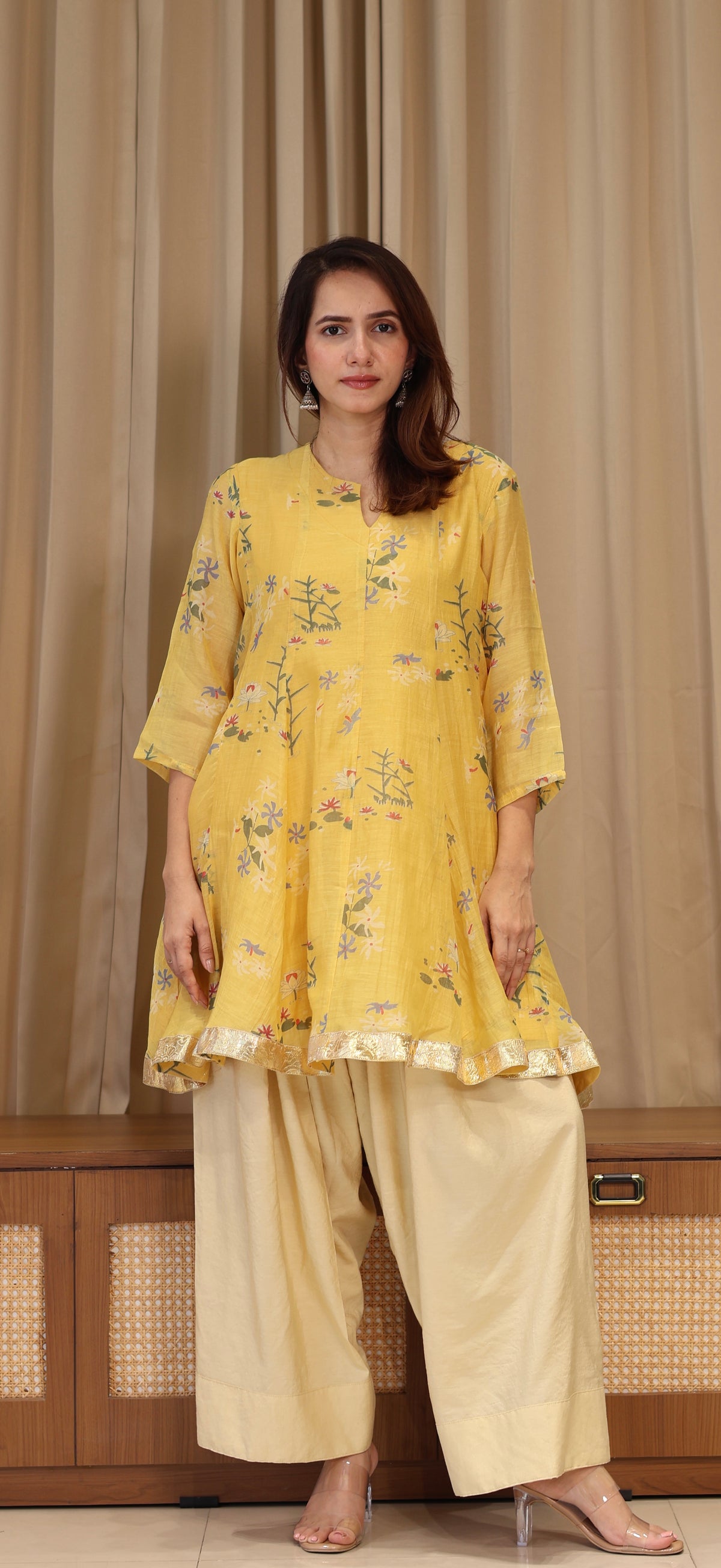 Myra Mul Chanderi Kurta Set - Yellow Floral