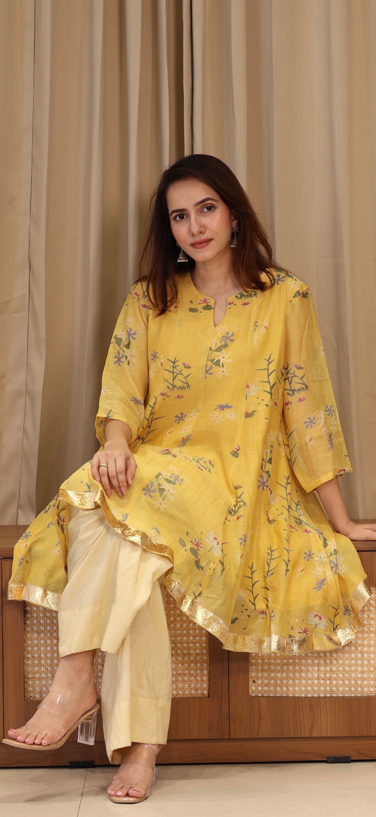 Myra Mul Chanderi Kurta Set - Yellow Floral