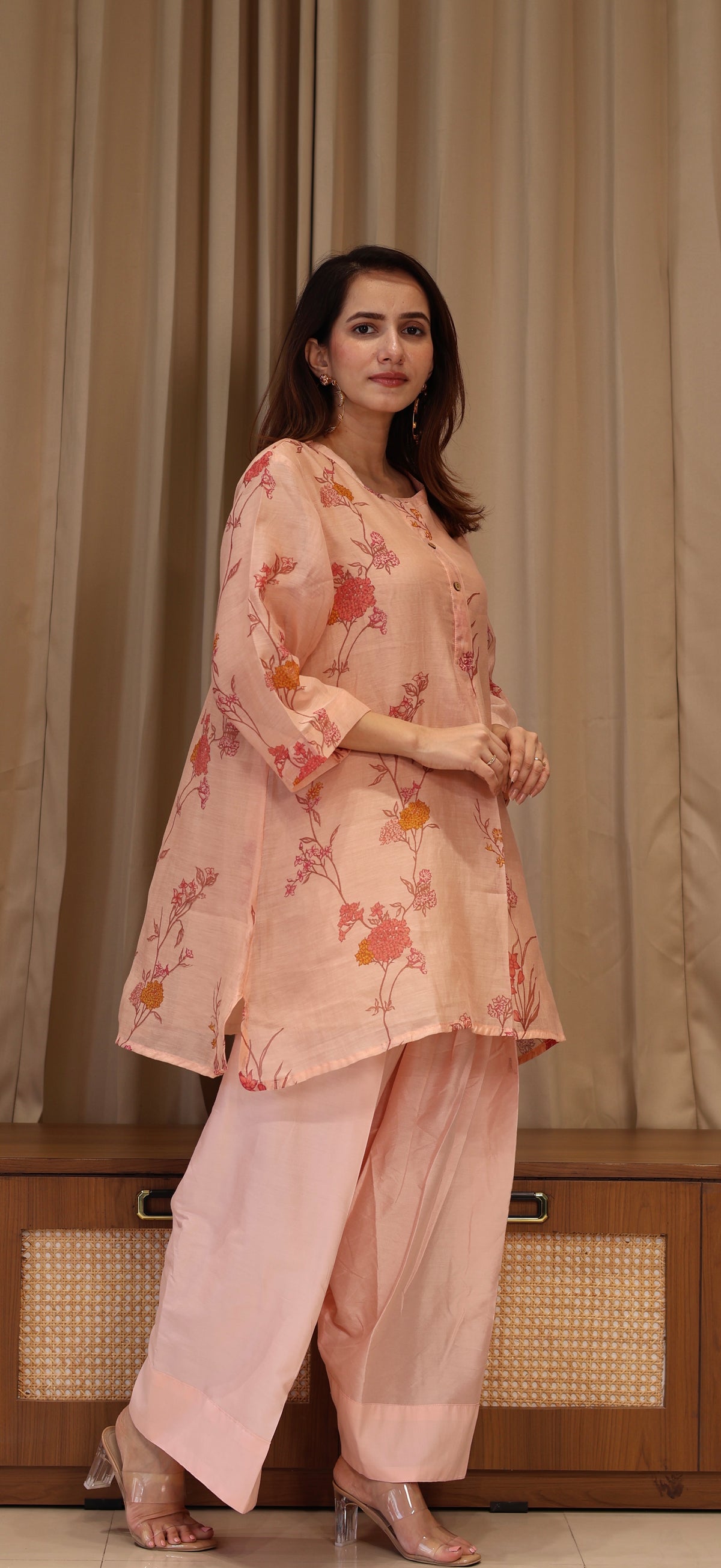 Kesha Mul Chanderi Kurta Set - Peach Pink