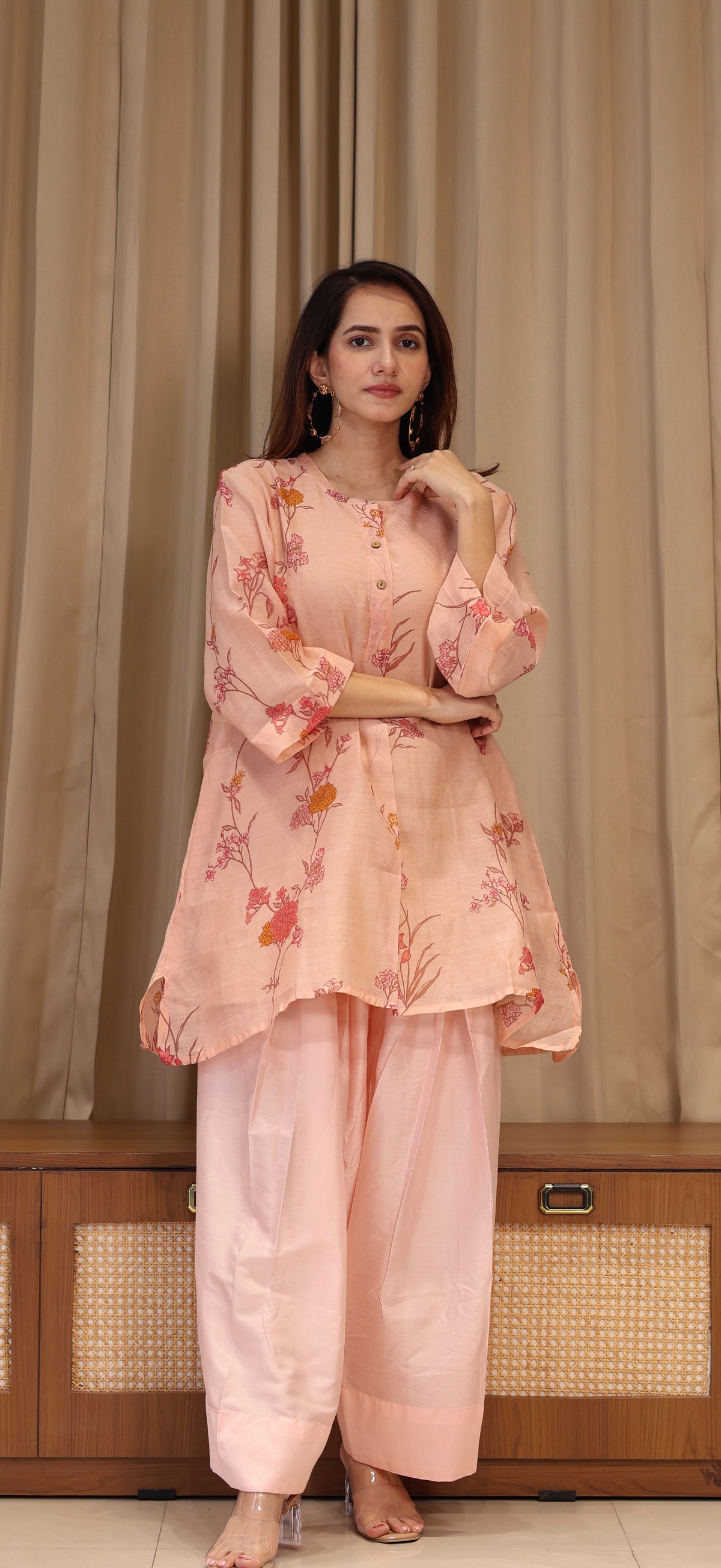 Kesha Mul Chanderi Kurta Set - Peach Pink