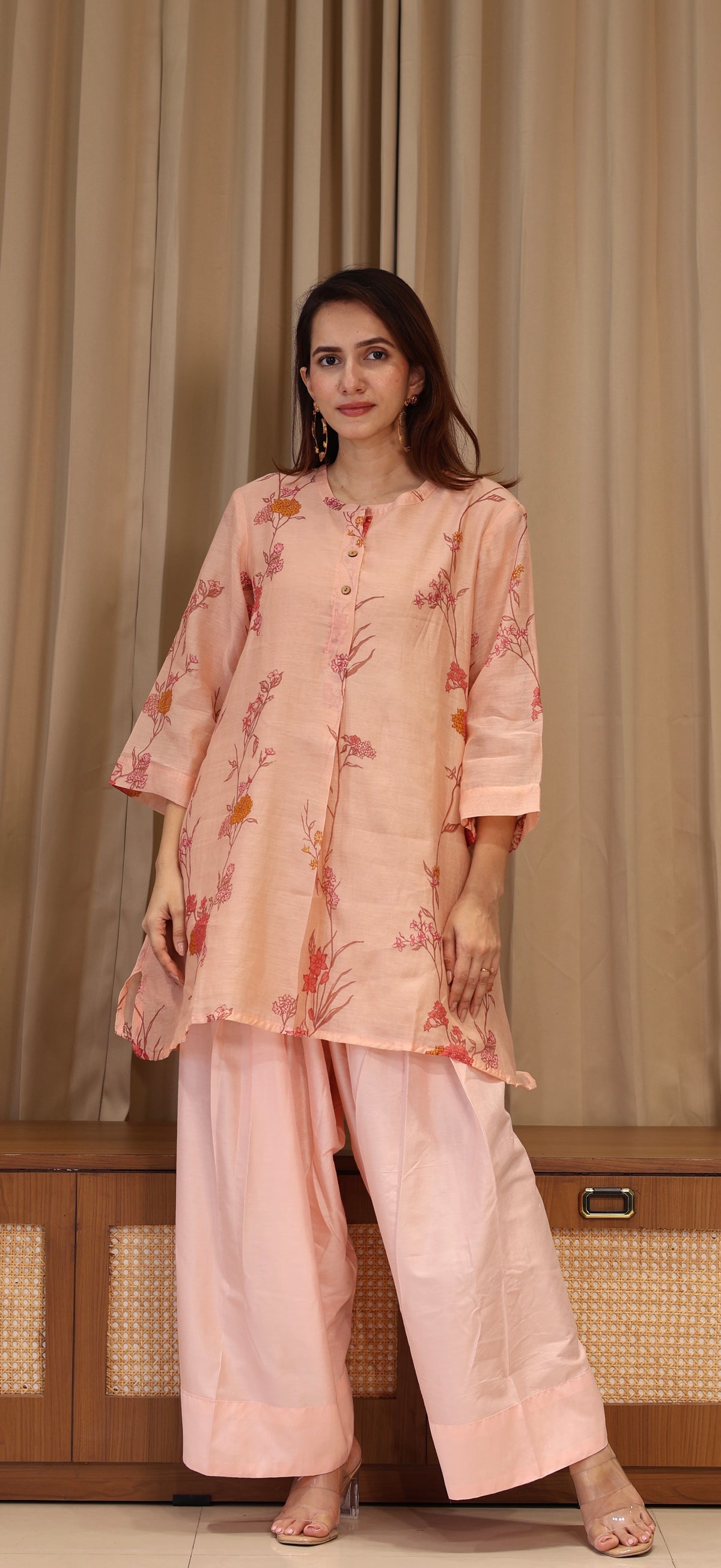 Kesha Mul Chanderi Kurta Set - Peach Pink