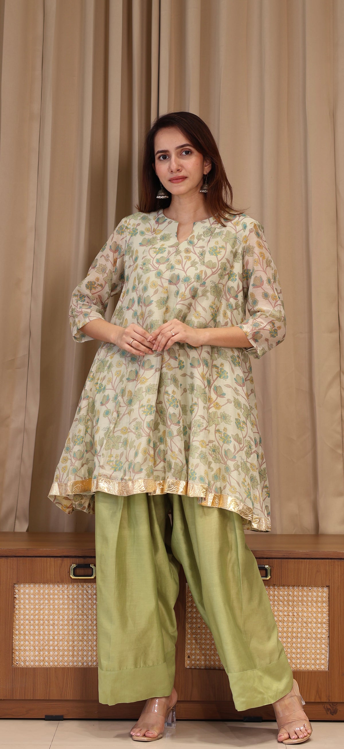 Shubha Mul Chanderi Kurta Set - Green Floral