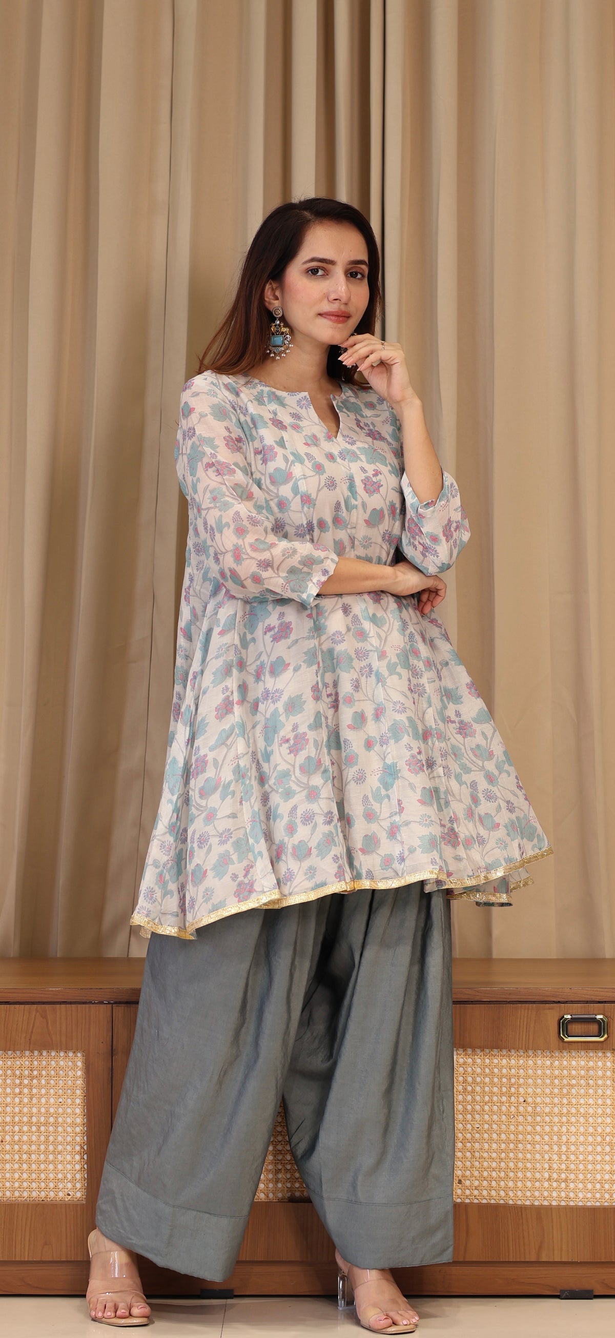Aarya Mul Chanderi Kurta Set - Blue Floral