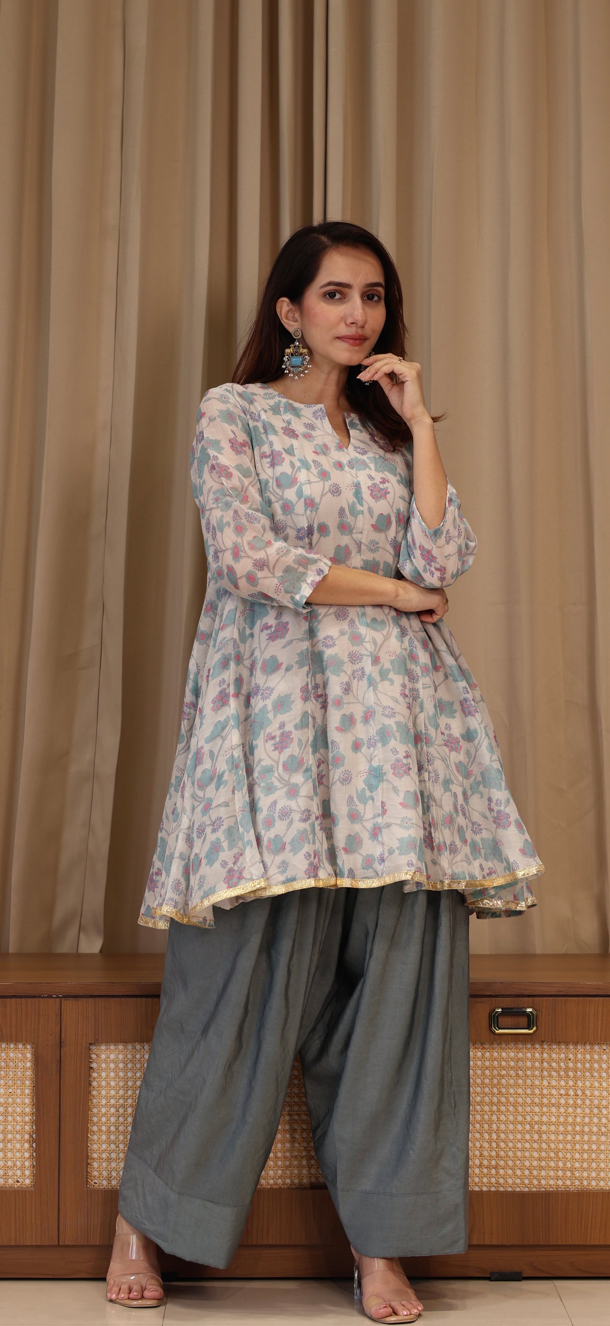 Aarya Mul Chanderi Kurta Set - Blue Floral