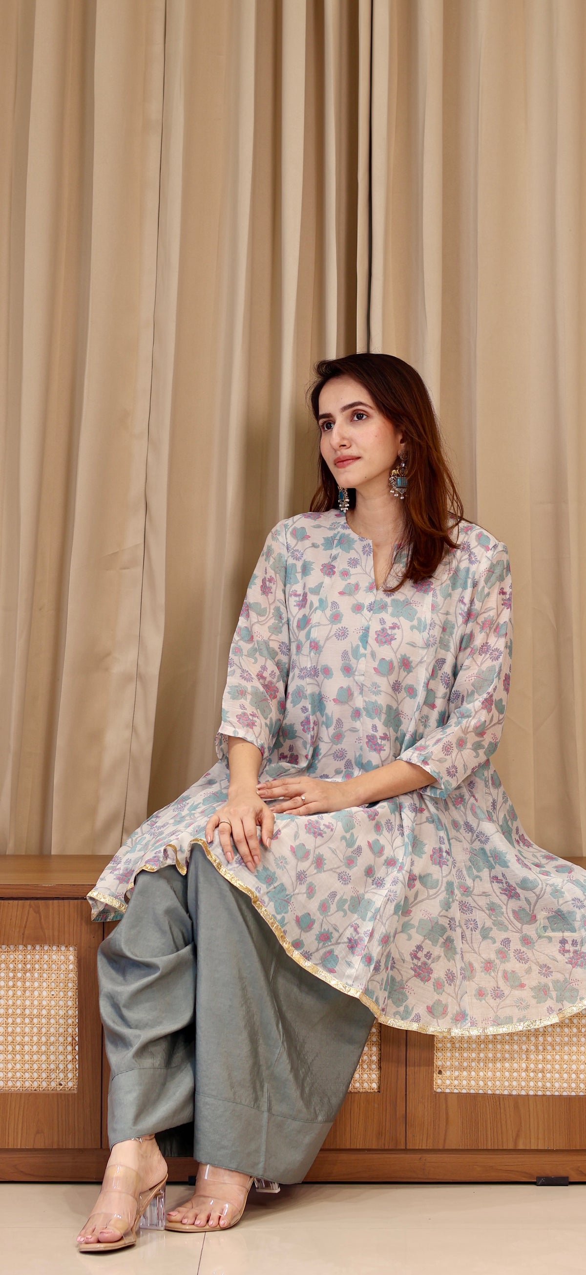 Aarya Mul Chanderi Kurta Set - Blue Floral