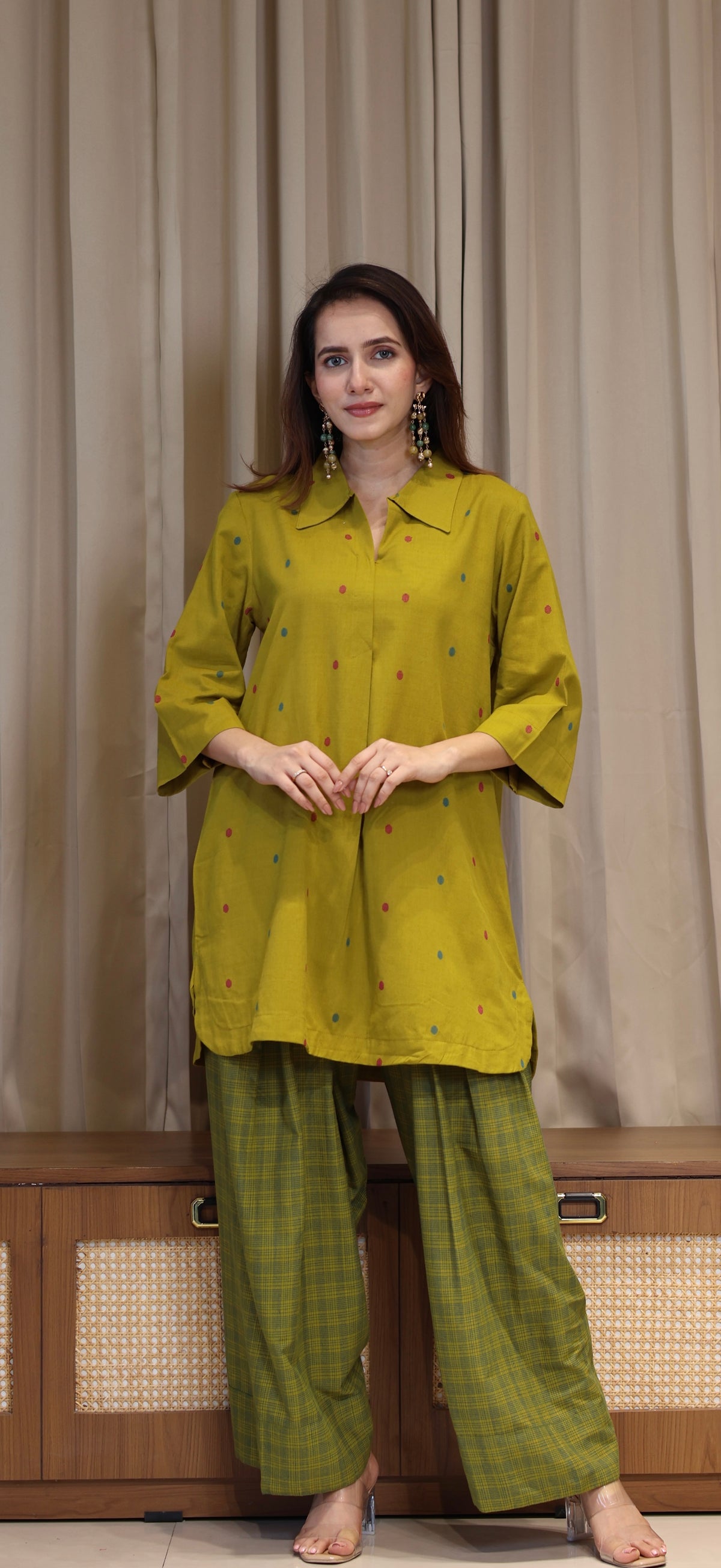 Riddhi Mercerised Cotton Handwoven Kurta Set - Mustard Olive