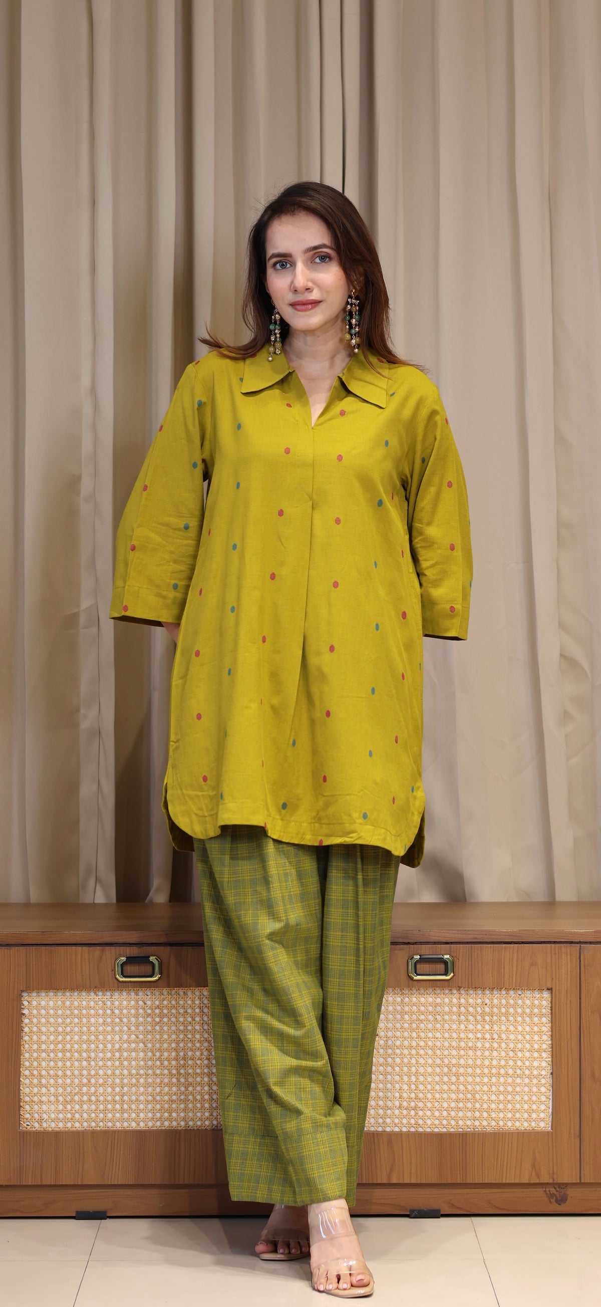 Riddhi Mercerised Cotton Handwoven Kurta Set - Mustard Olive